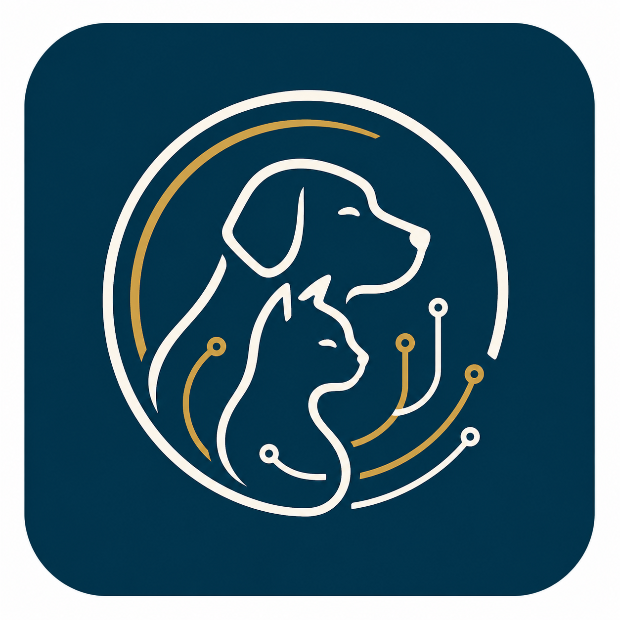 Line drawing of a dog and human face inside circular patterns with gold and white accents on a dark blue background.
