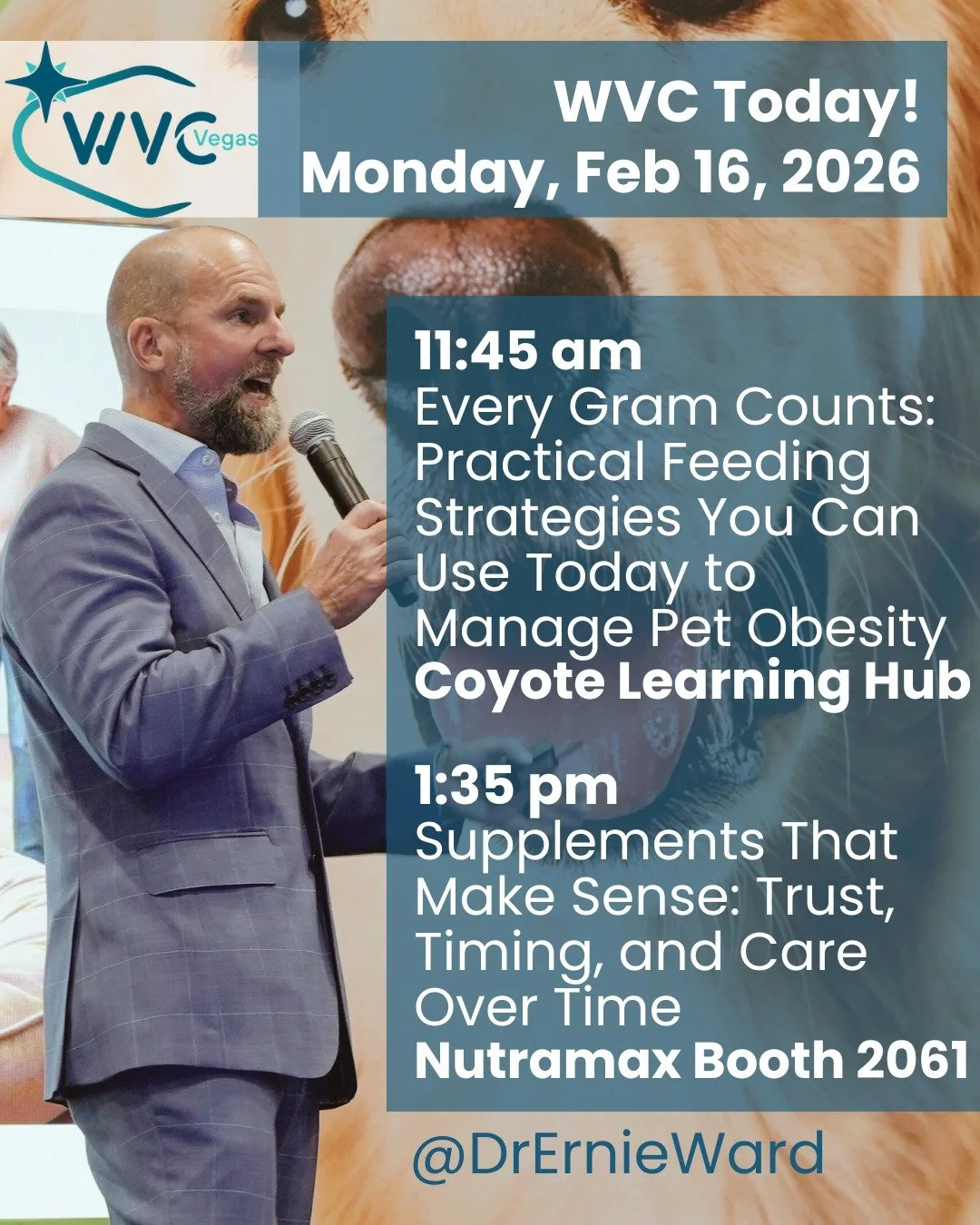 WVC Today!
Monday, Feb 16, 2026

If you&rsquo;re at #WVC2026 today, I hope you can join me for two very educational and enlightening sessions! 

11:45 am
Every Gram Counts: Practical Feeding Strategies You Can Use Today to Manage Pet Obesity
Coyote L