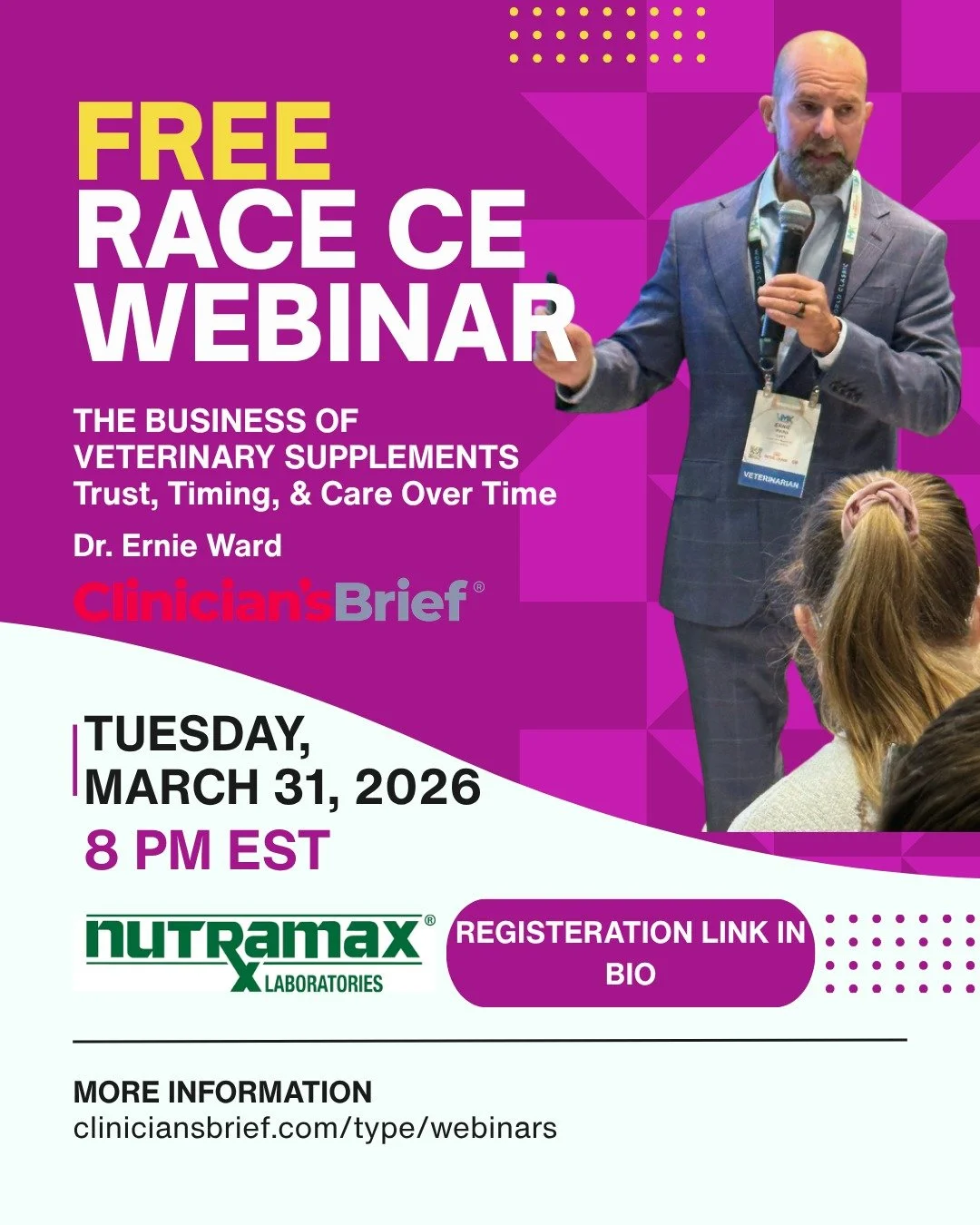 🤙 LINK IN BIO _ FREE CE 👩&zwj;🏫

The Business of Veterinary Supplements
Tuesday, March 31, 2026
8:00 PM Eastern Daylight Time
1 hour

In this webinar, @drernieward will examine the role of veterinary supplements within modern clinical practice, fo