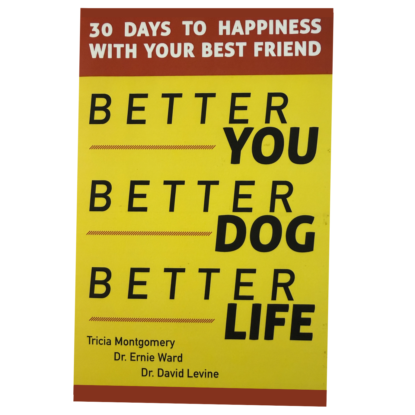 The cover of a book titled '30 Days to Happiness with Your Best Friend' featuring the phrase 'Better You, Better Dog, Better Life'. The authors include Tricia Montgomery, Dr. Ernie Ward, and Dr. David Levine.