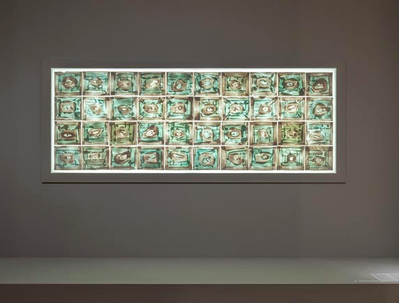 Rudolf Staffel, Untitled (Commission for the Magee Rehabilitation Hospital, Philadelphia), 1982, forty porcelain tiles washed with copper salts, each handcrafted and applied to frosted glass; wood frame