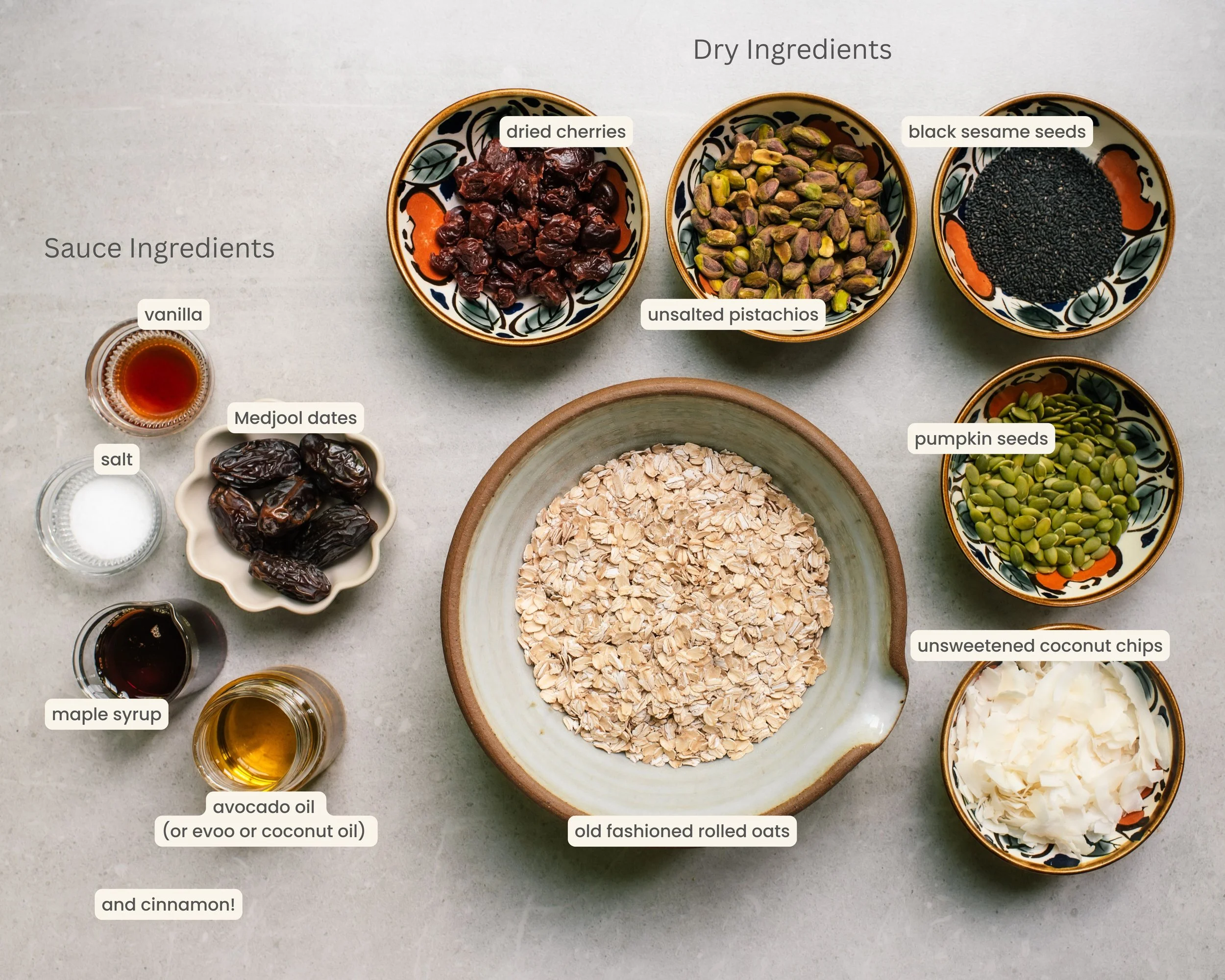 Flatlay with granola ingredients in bowls and dishes, labelled, on light coloured surface