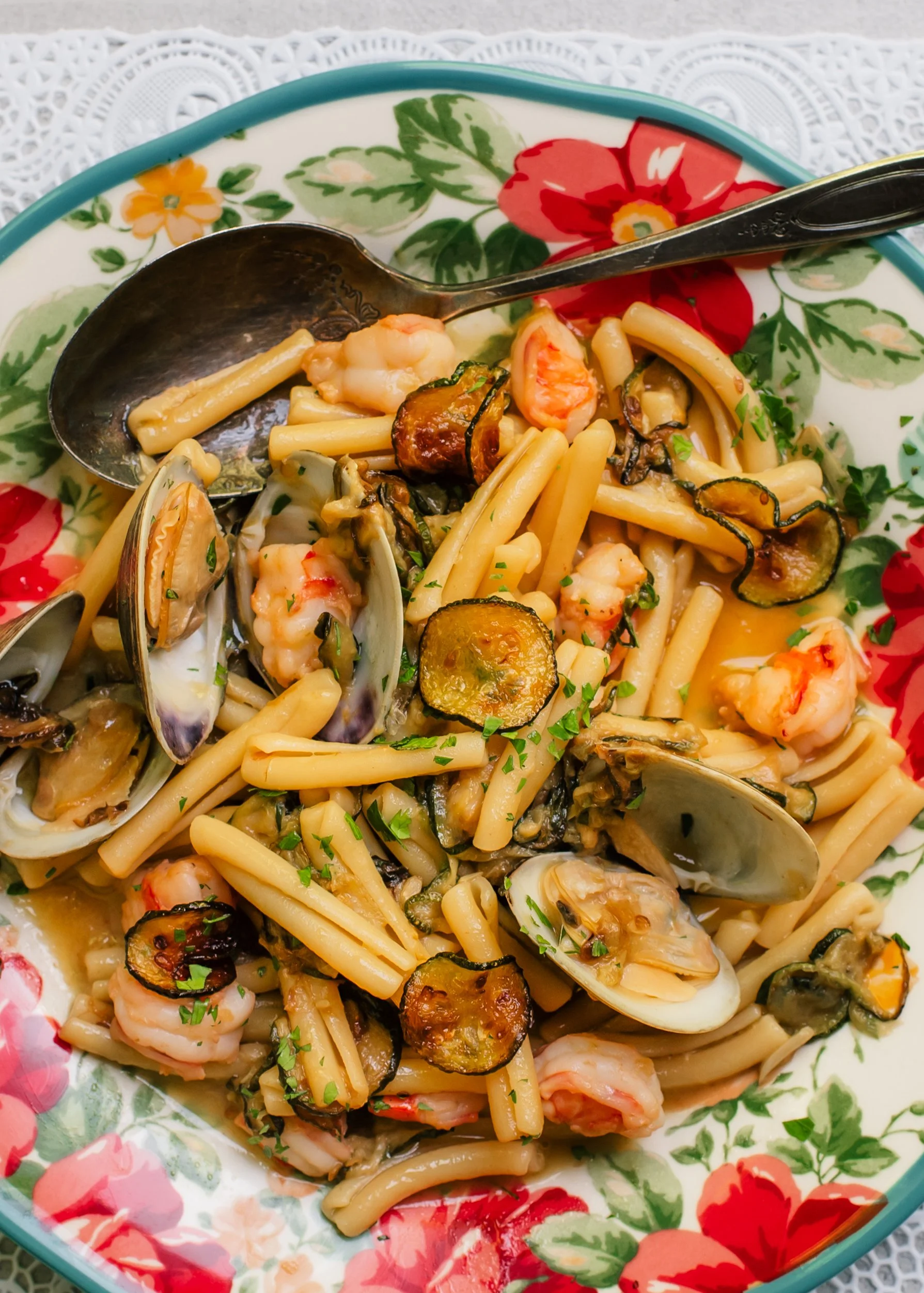 Fried Zucchini, Shrimp and Clam Pasta