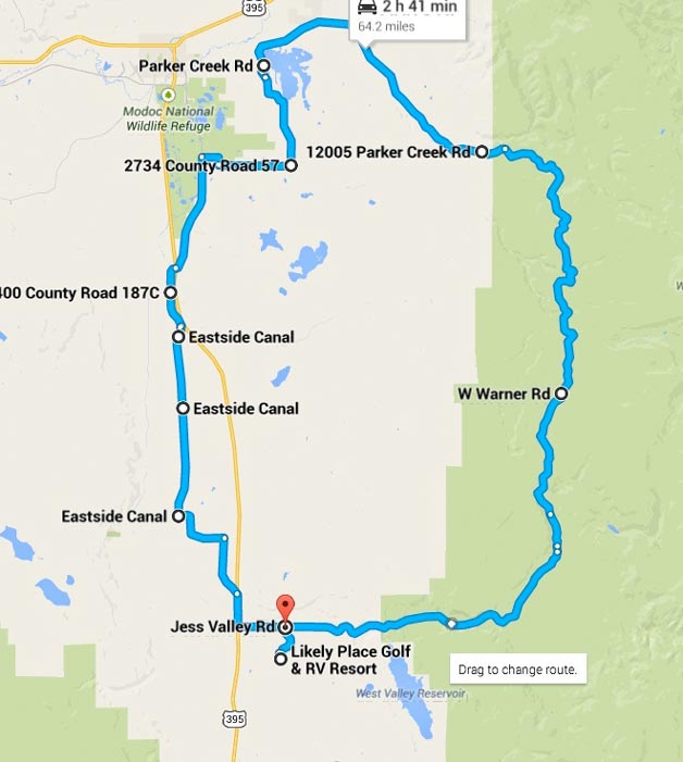 64 miles – West Warner Rd, Modoc NWR, Alturas Farms