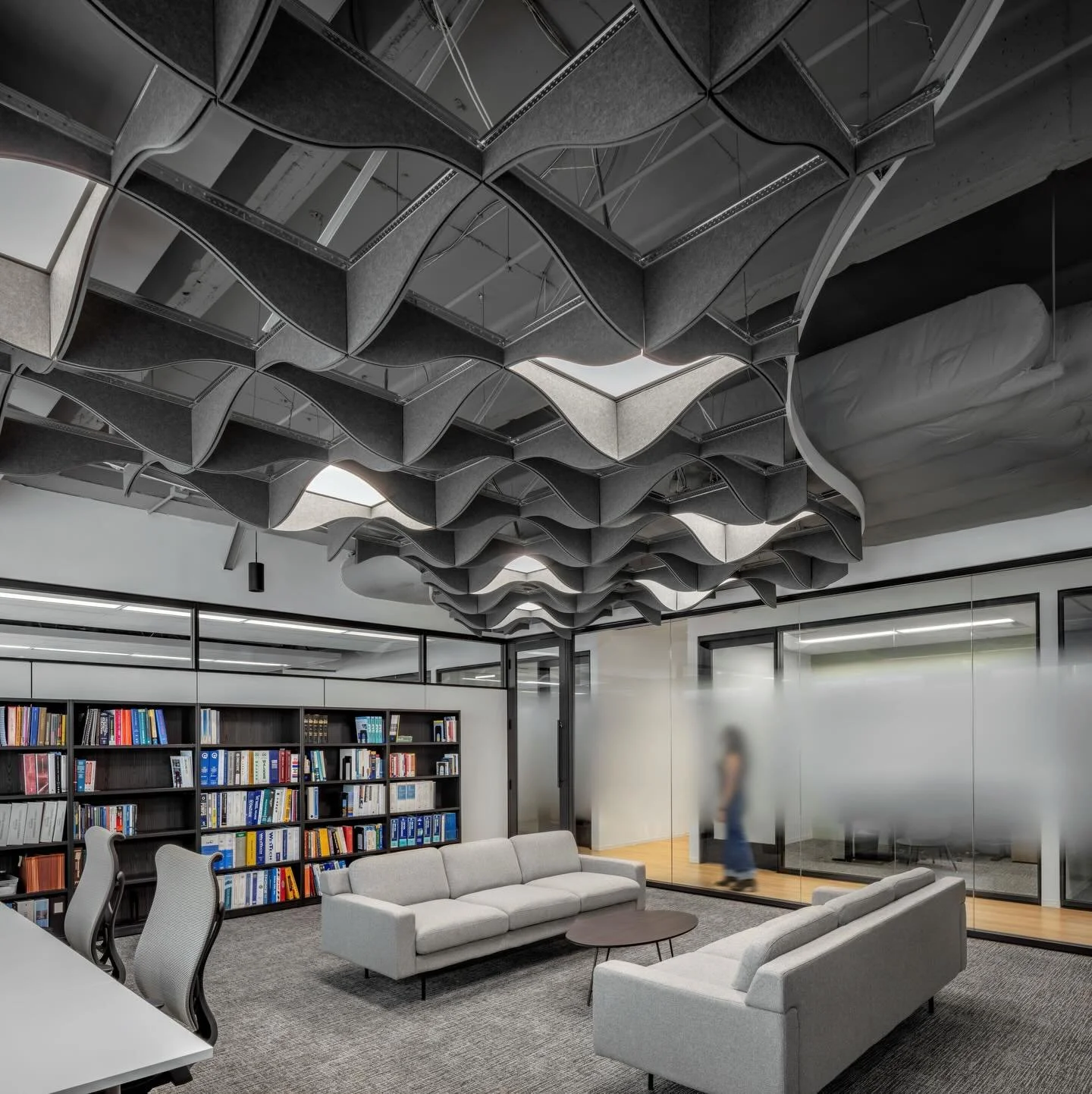 Introducing Tramonte Design Studio&rsquo;s 12 Days of Design 🤩 On the 1st day of Design TDS gave me an up-close shot of LAN&rsquo;s baffled ceilings in their library by Turf! The baffles are sound-absorbent and provide a quiet space to those who nee