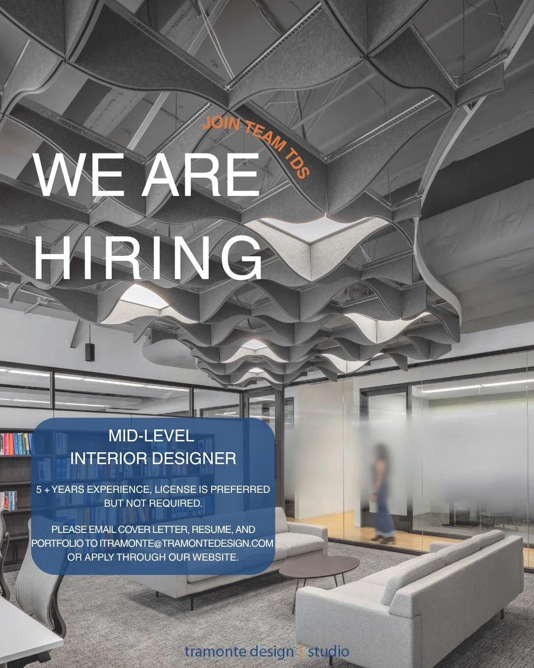 Tramonte Design Studio is looking to hire a mid-level interior designer with 5+ years experience to join our talented, team-oriented, and design-focused Houston practice. 

TDS is a business-focused firm dedicated to the delivery of high-quality desi