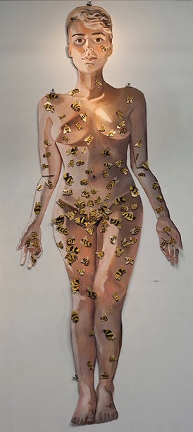 "Paper Doll" oil and gold leaf on paper canvas 3x9'