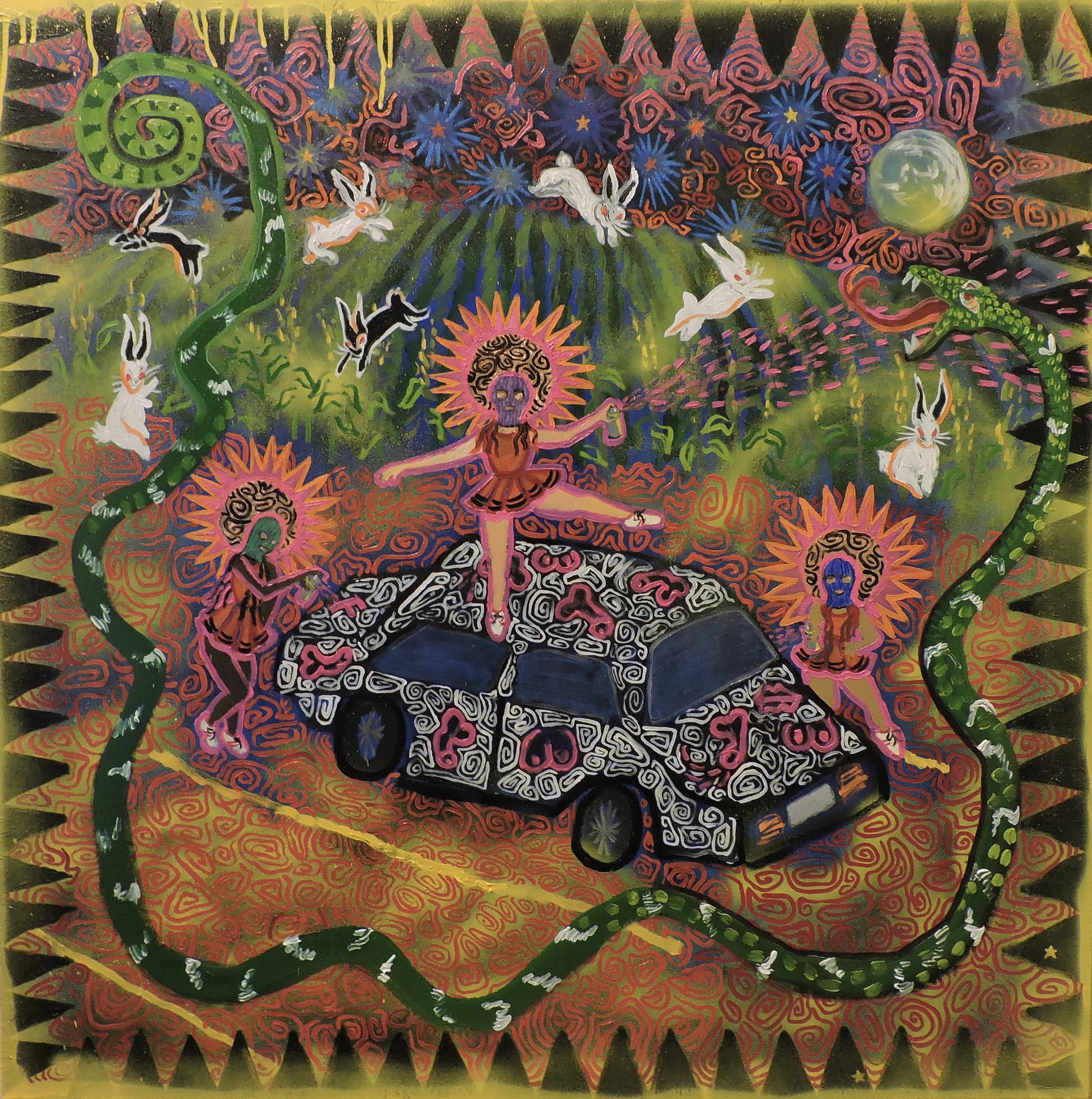 "The Tale of the Unmanagable Cheerleaders and the Snake"  oil & spray paint on canvas, 36x2x36