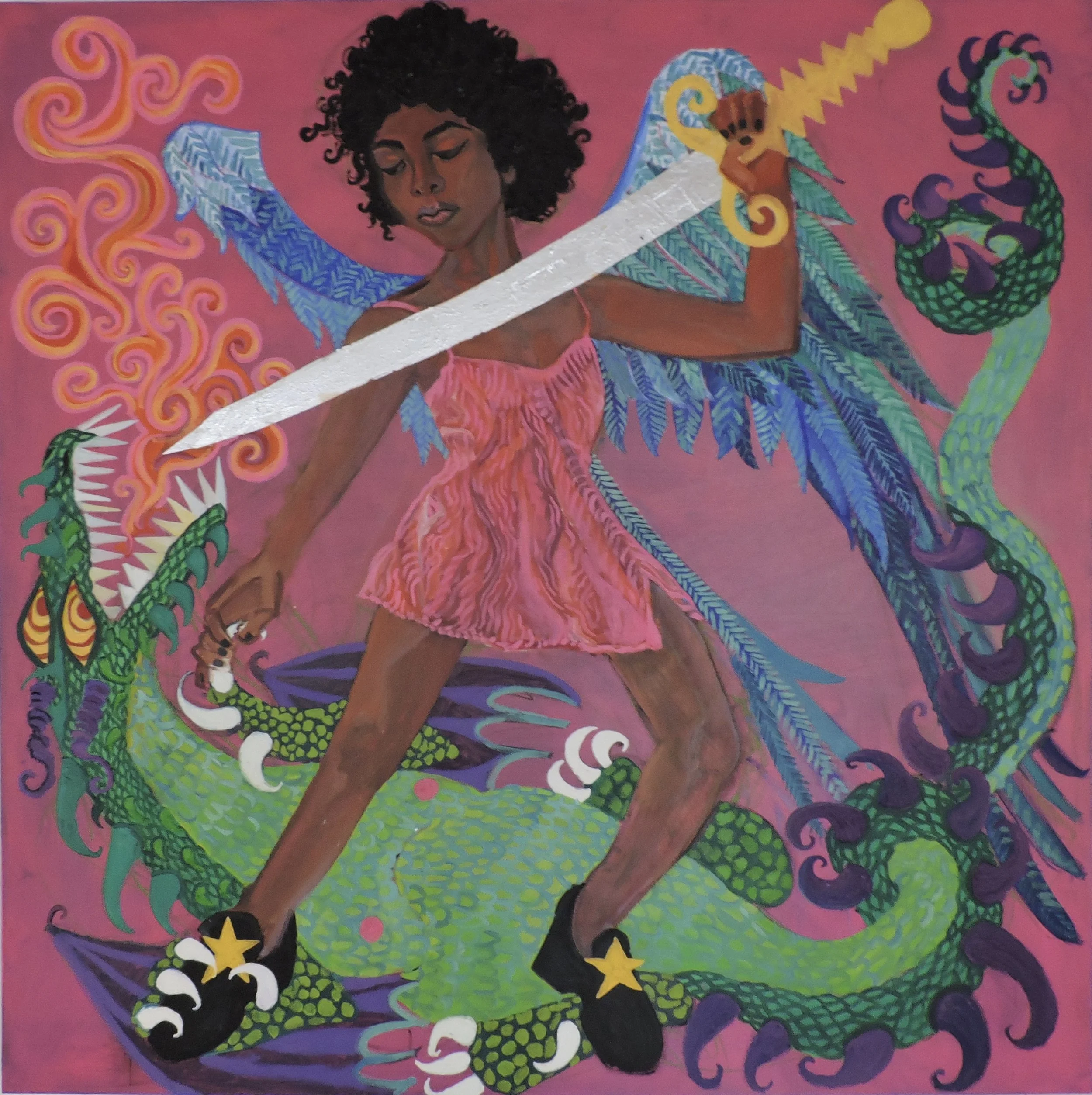 SOLD "Kerri and the Dragon" oil and silver leaf on canvas, 48x2x48
