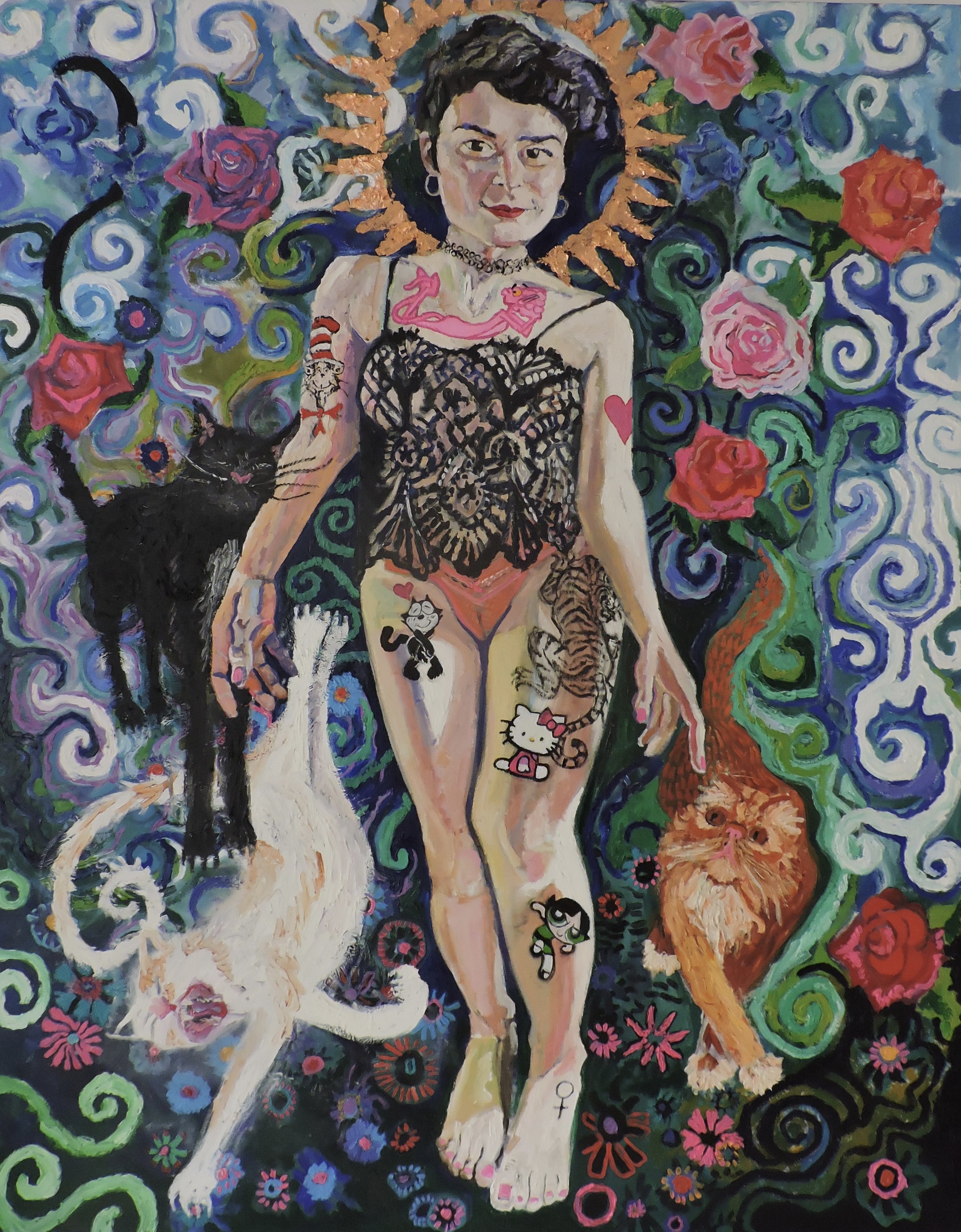 SOLD "St. Kitty Lady"  oil and copper leaf on canvas, 60x2x48