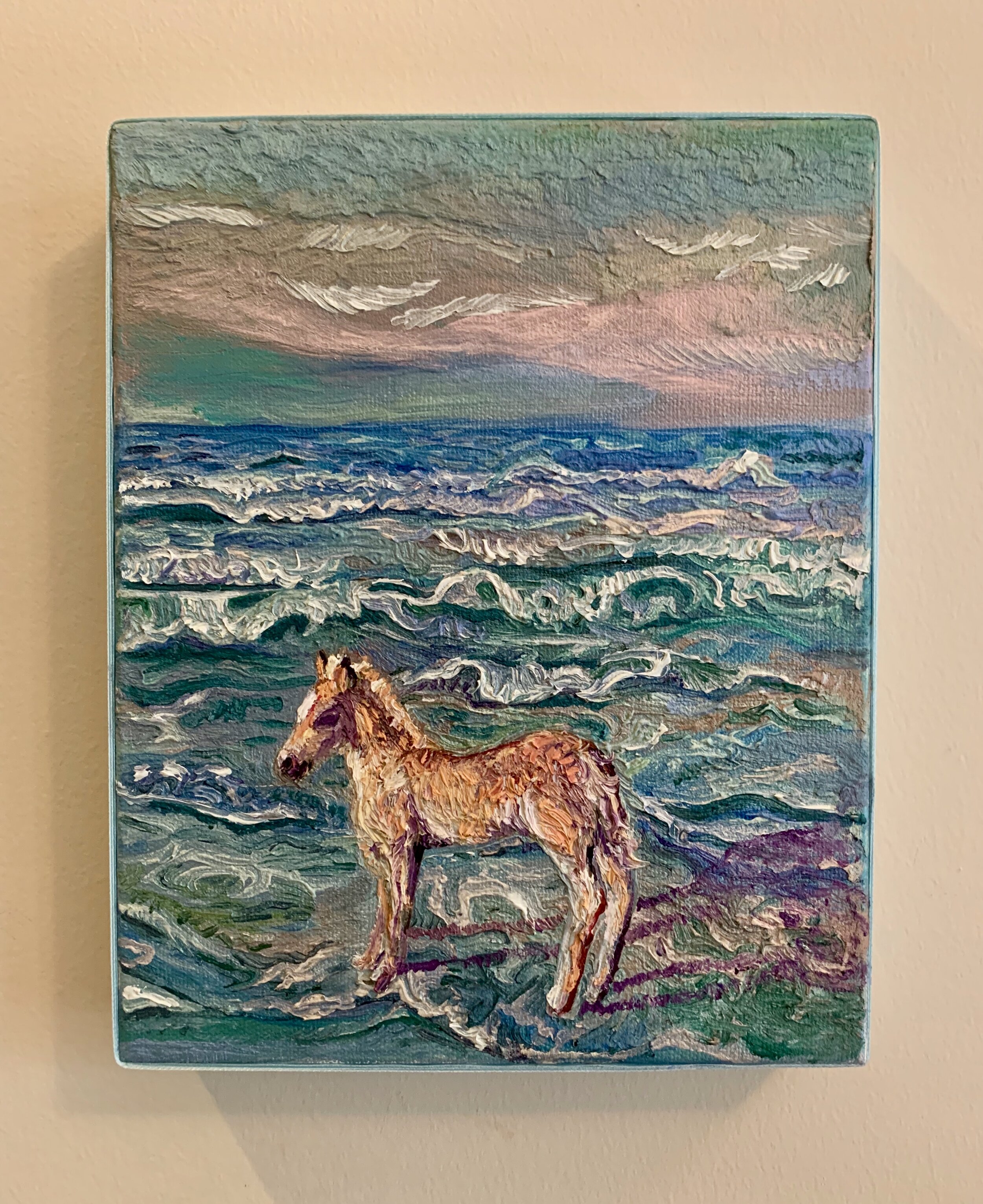 SOLD "Pony at the beach" 10x8 oil on canvas wrapped in baby blue ribbon