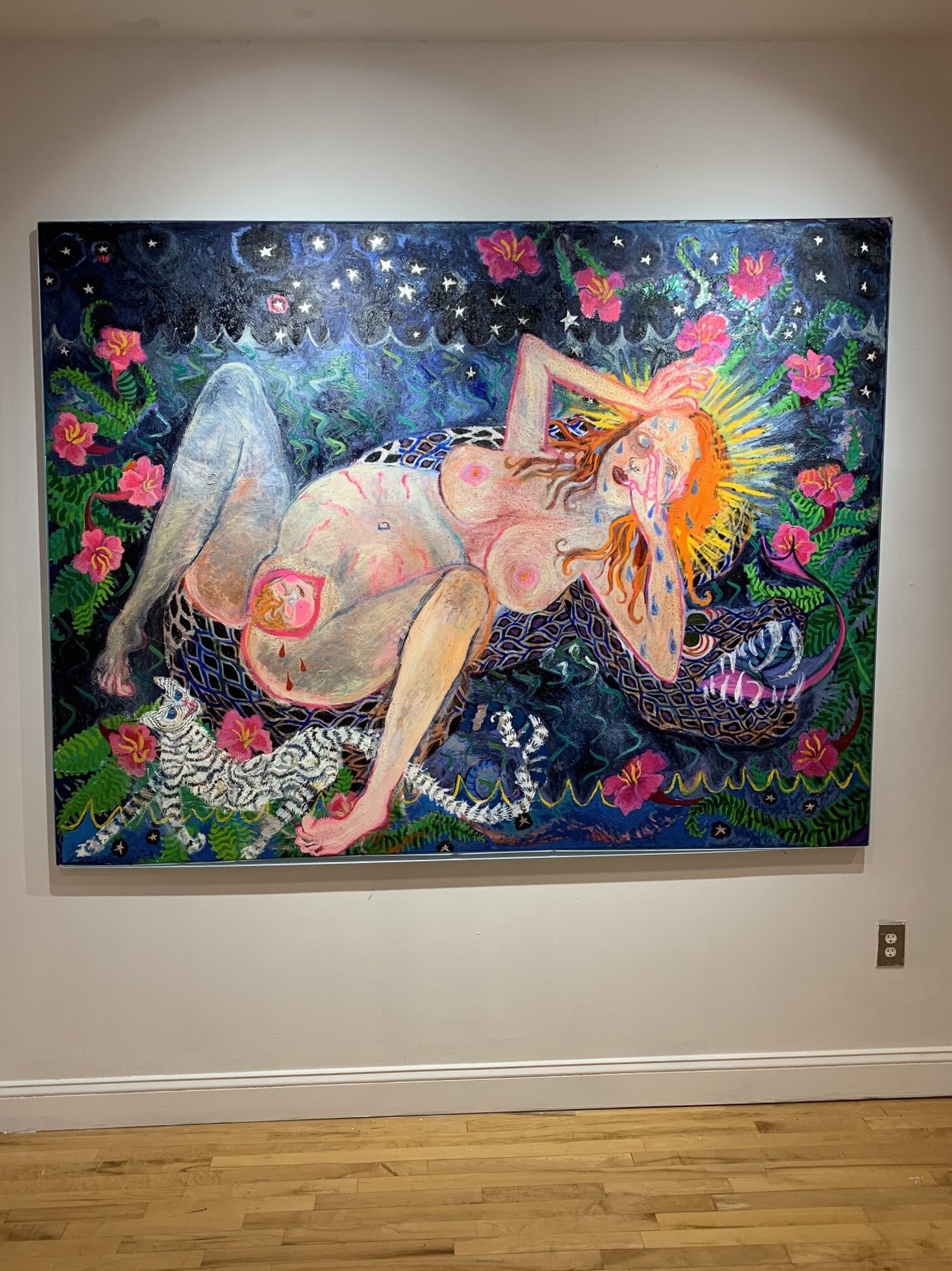 "Venus giving birth" 64x84 oil and silver leaf on canvas wrapped in baby blue ribbon