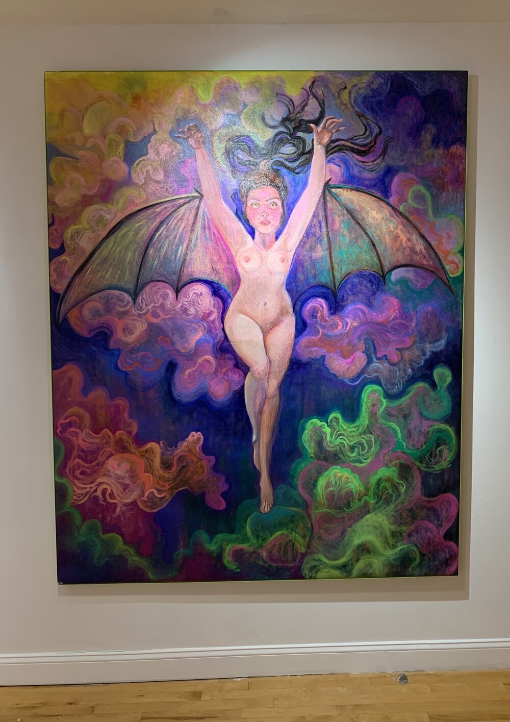 "Bat-Woman" 87x73 oil on canvas wrapped in lime green ribbon