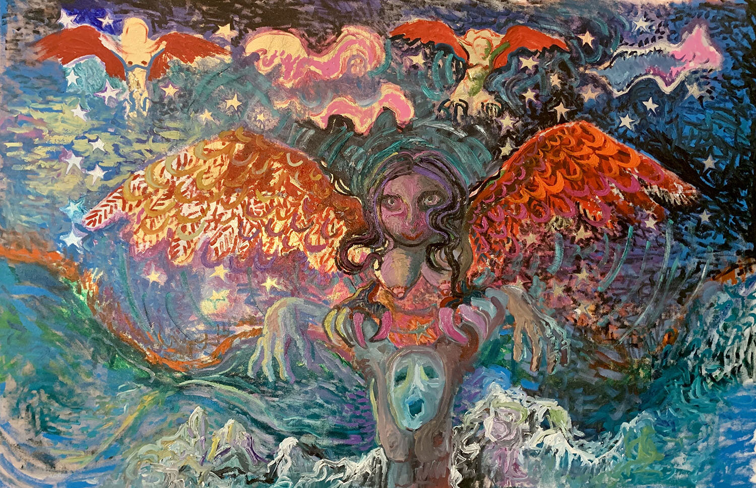 "Harpies" 36x73 oil and gold leaf on canvas wrapped in teal ribbon