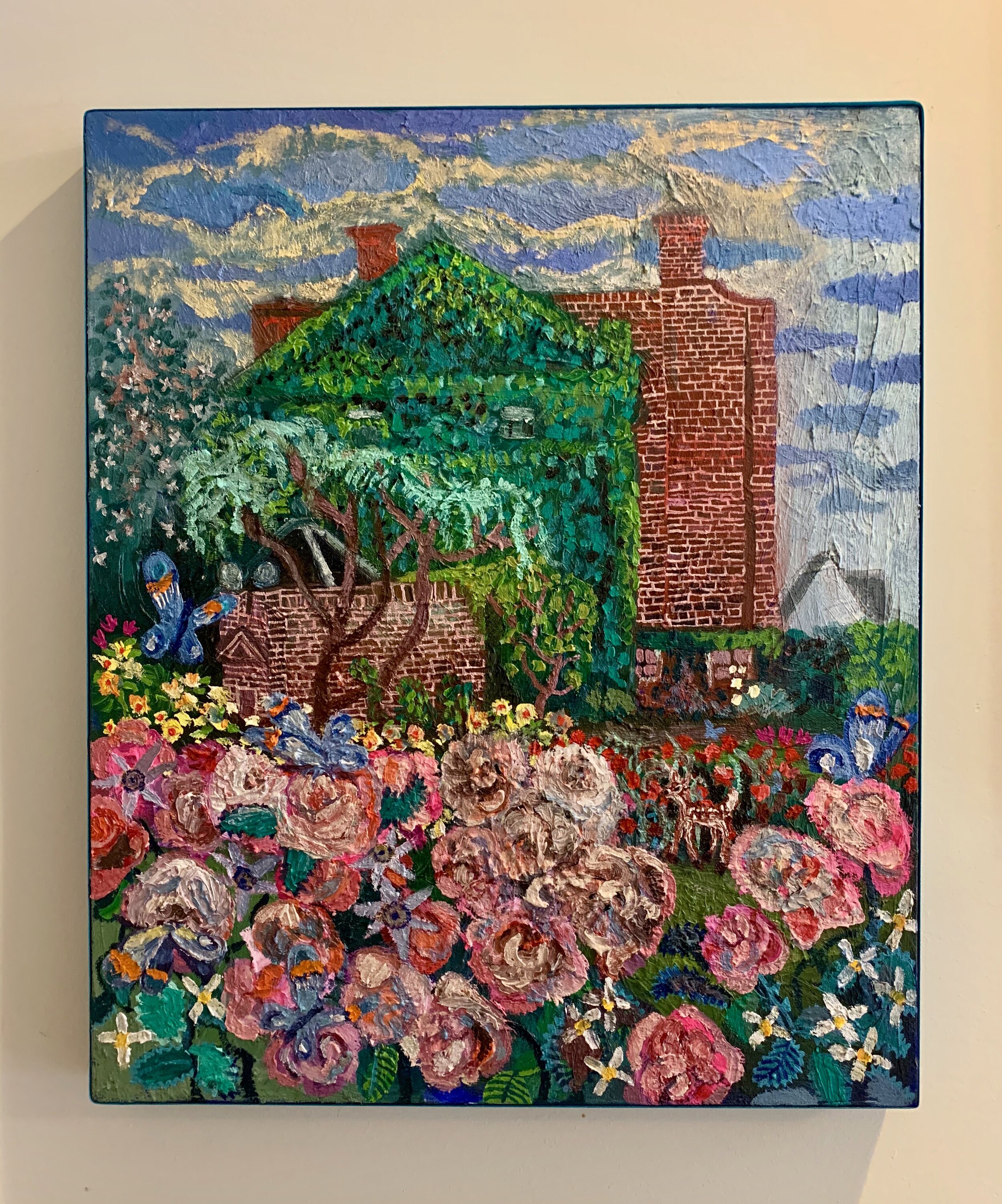 "Fawn in the Garden" 24x20 oil on canvas wrapped in turquoise ribbon