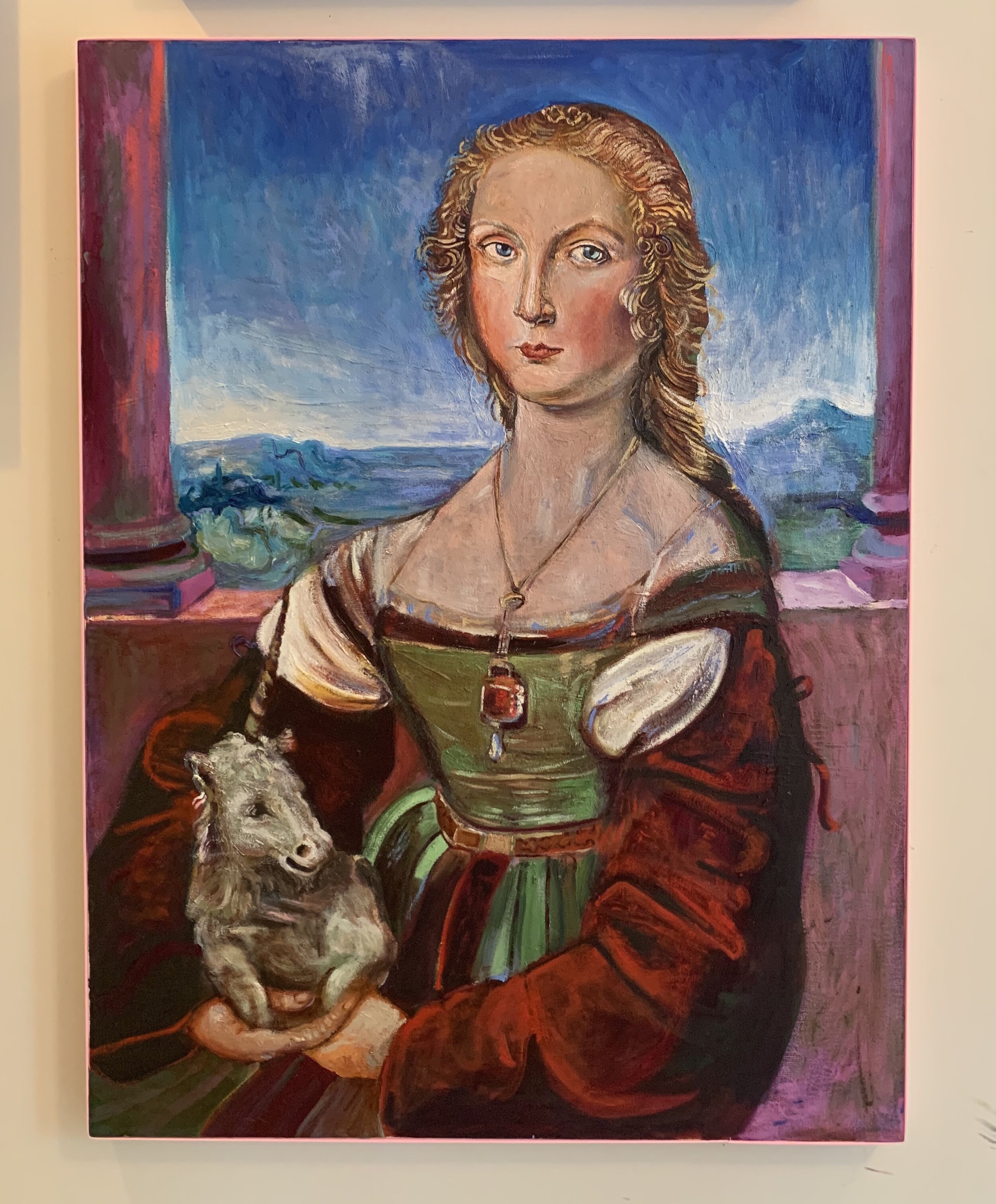 "Lady and her baby" 40x30 oil on canvas wrapped in baby pink ribbon 