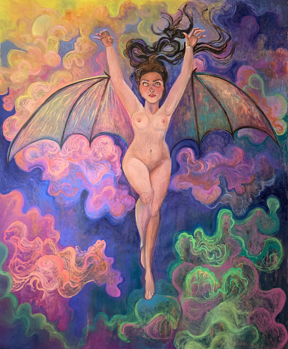 "Bat-Woman" 87x73 oil on canvas wrapped in lime green ribbon