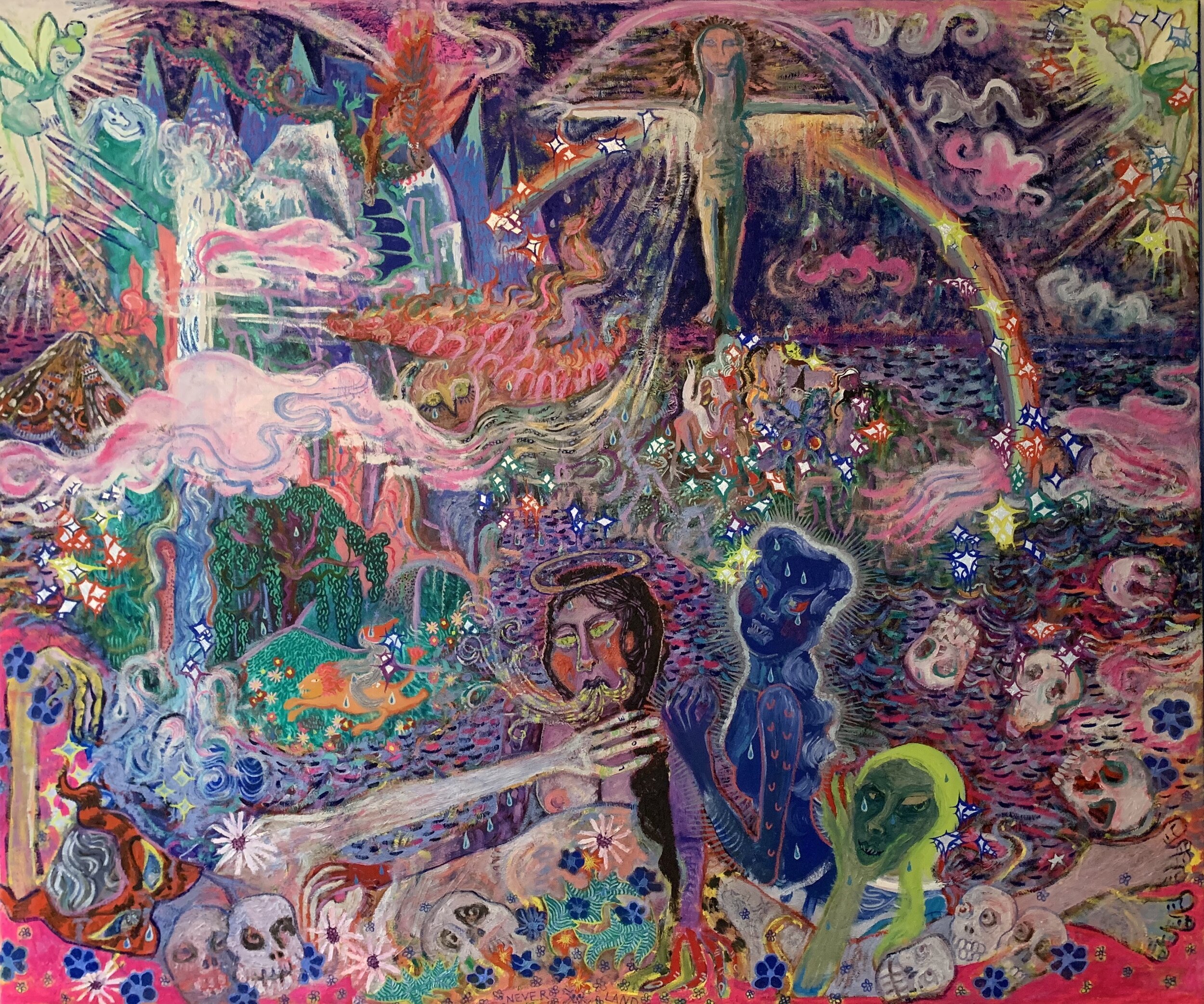 "Neverland" 86x60 oil and silver leaf on canvas wrapped in blue ribbon 