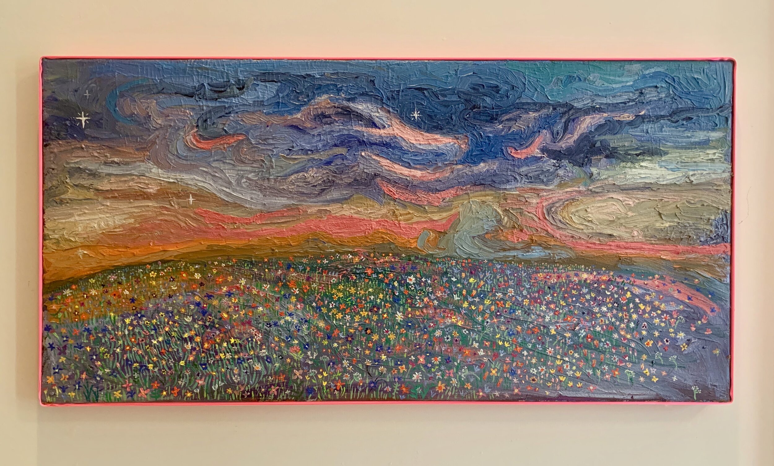 "Wild Flowers" oil on canvas 14x30 wrapped in pink ribbon 