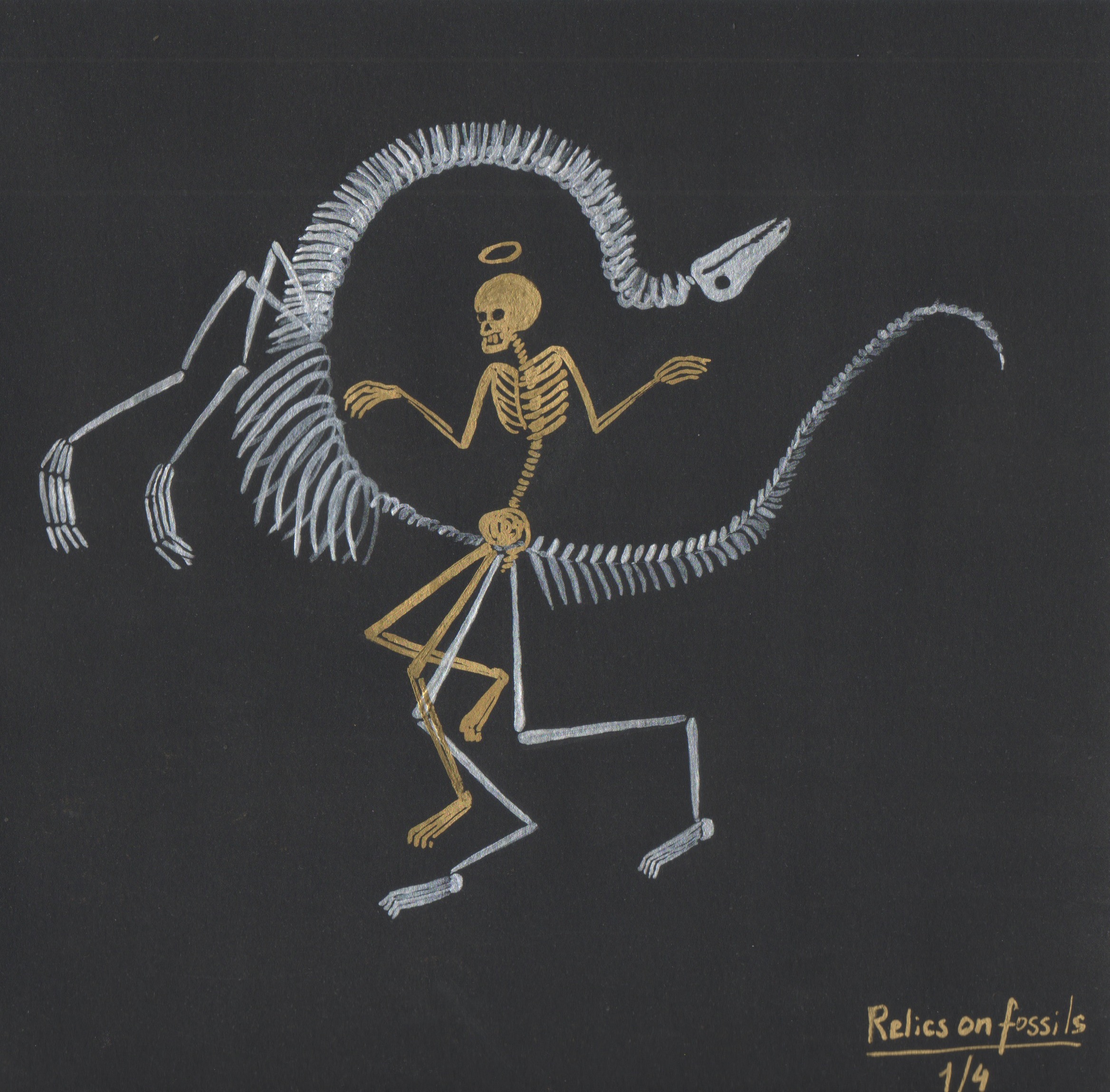 051 Svetlana Grishina - Saint Peter riding Archaeopteryx Fossils - Acrylic on paper.jpeg