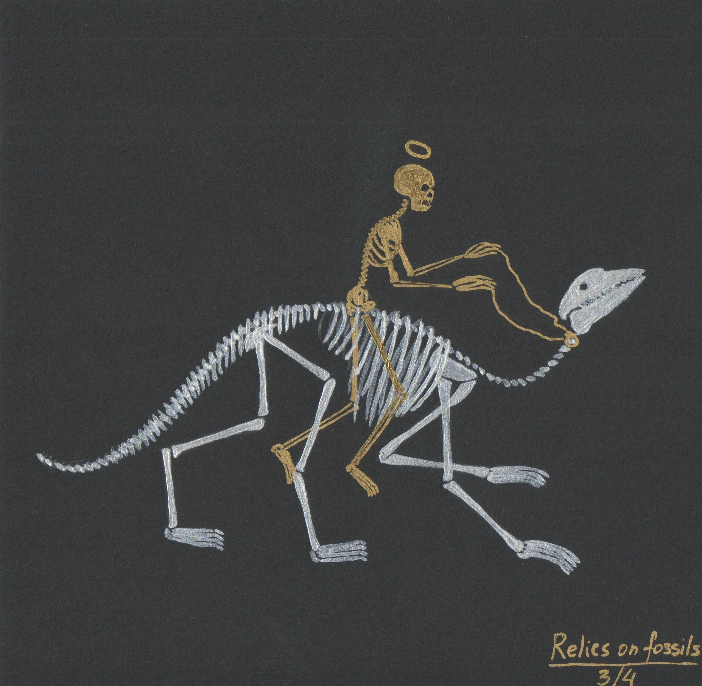 053 Svetlana Grishina - Saint Tom riding Ornitholestes Fossils - Acrylic on paper.jpeg