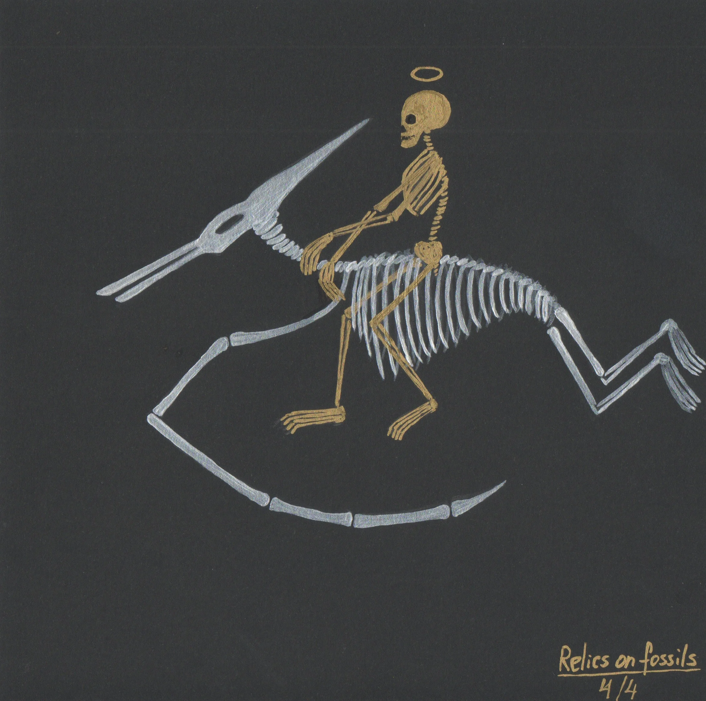 054 Svetlana Grishina - Saint Catherine riding pterodactyl Fossils - Acrylic on paper.jpeg