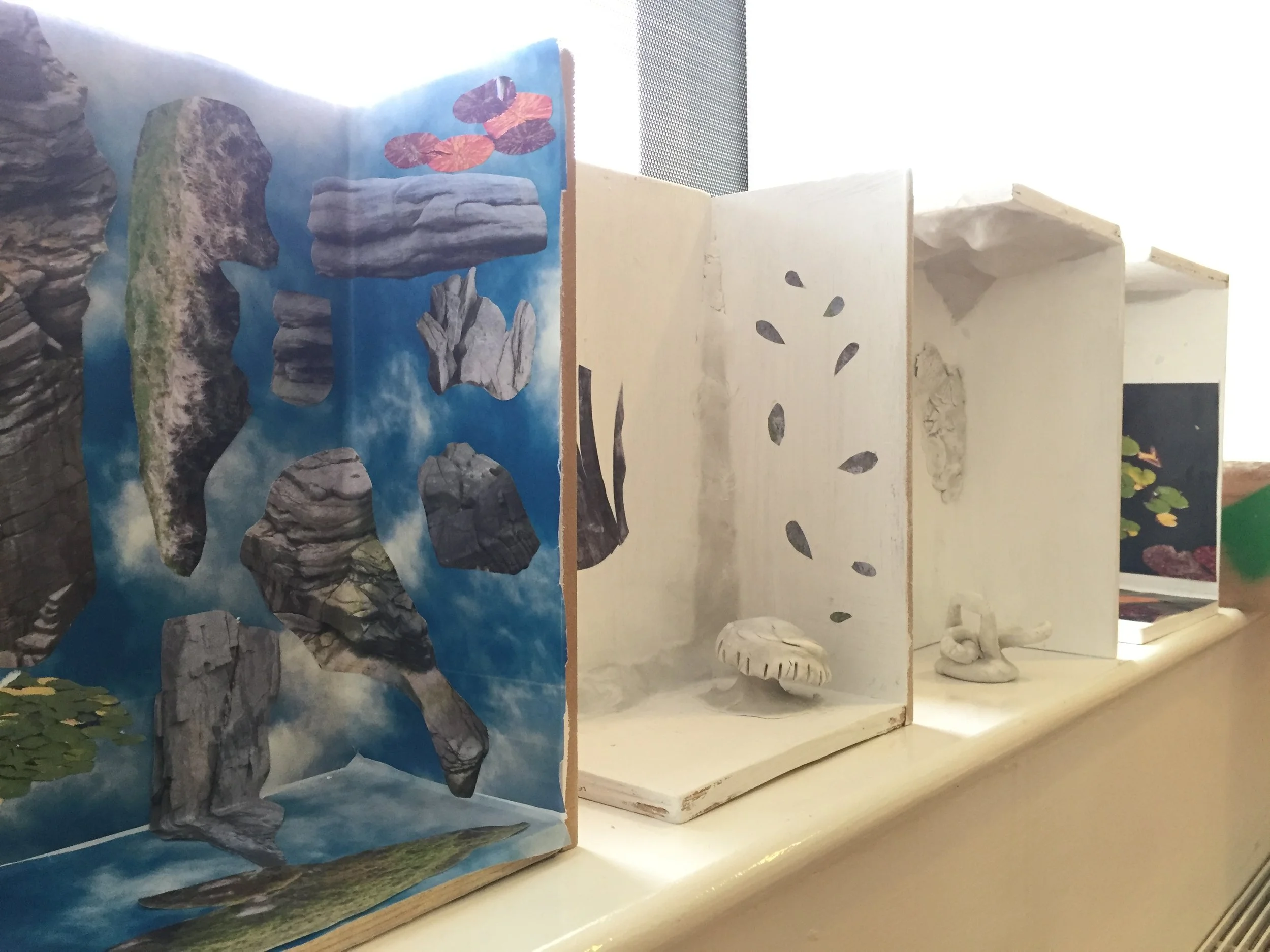 The work Rachael has created for the Telephone Room was informed by the workshop she led for residents at Bluebell Lodge. Titling the workshop, ‘Finding Terraspheric Forms’, Rachael brought some wooden mock-ups of the Telephone Room and residents used collage and clay sculpture to explore ways of altering the space (pictured above and below).
