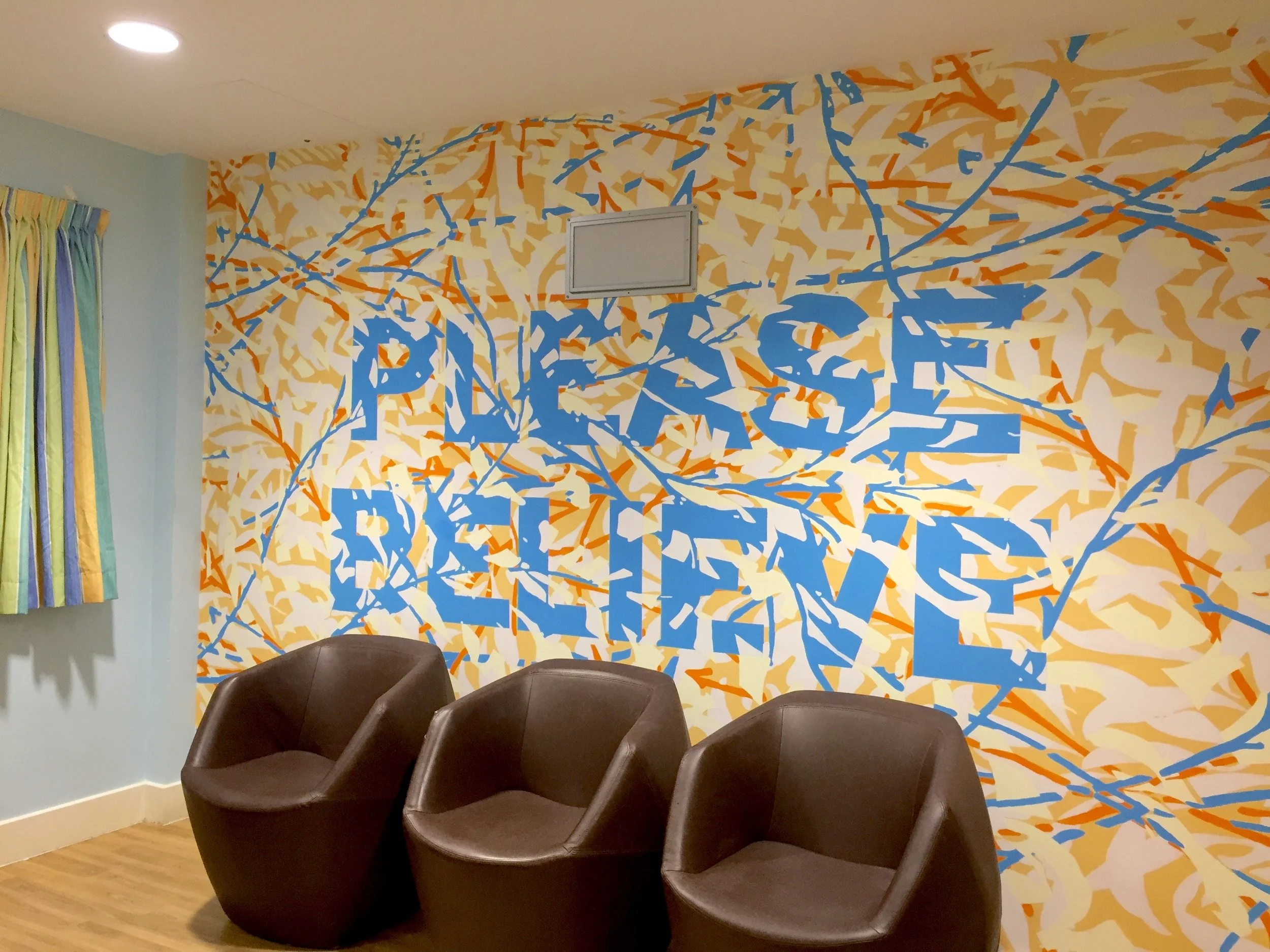 Mark Titchner’s completed wall painting in the TV Room at Bluebell Lodge