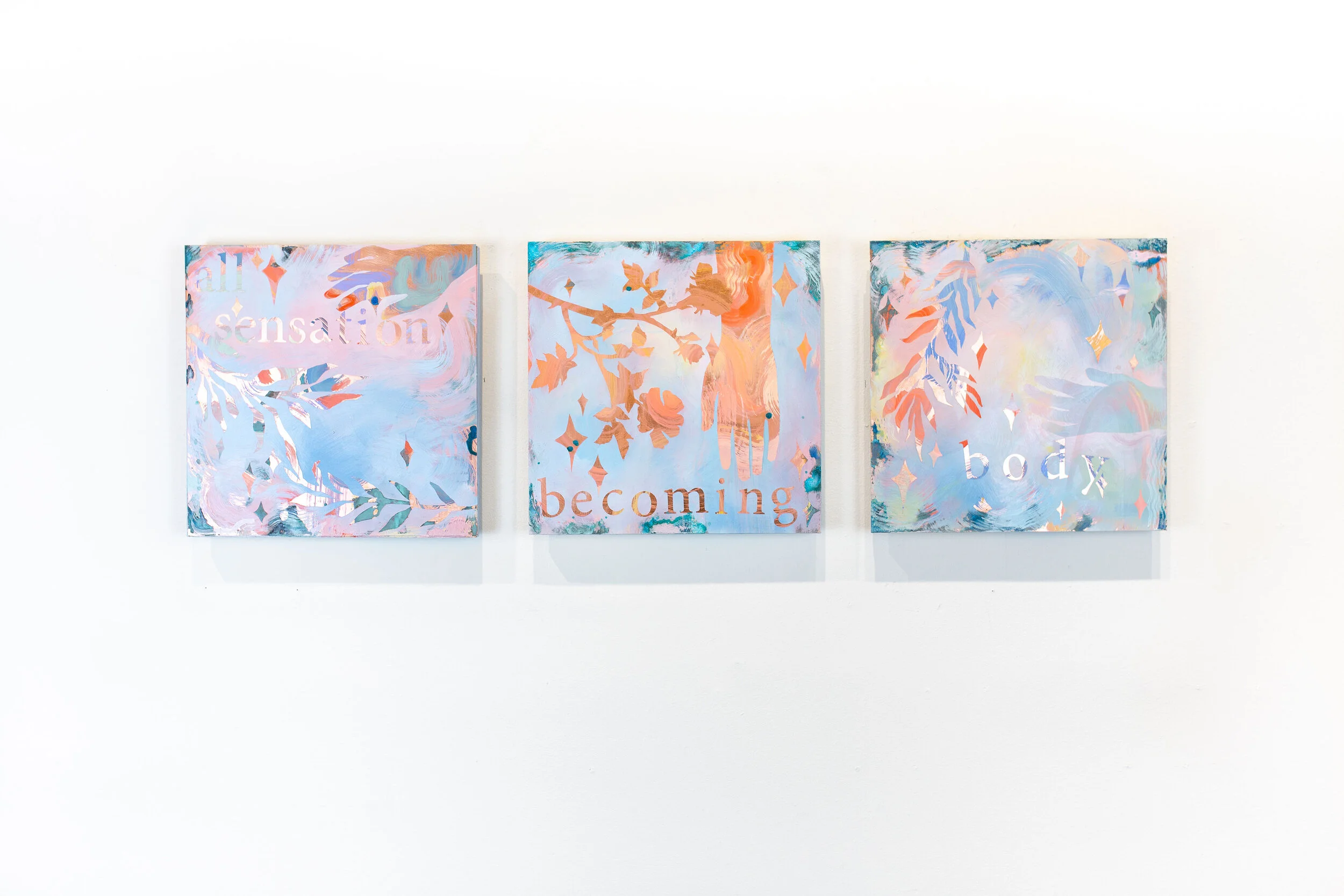   All Sensation Becoming Body,   2020   triptych comprising:    We Are All Sensation,  Oil, pigment, and CuSO₄ₓ on copper, 12x12"   We Are becoming,  Oil, pigment, and CuSO₄ₓ on copper, 12x12"   We Are Body,  Oil, pigment, and CuSO₄ₓ on copper, 12x12