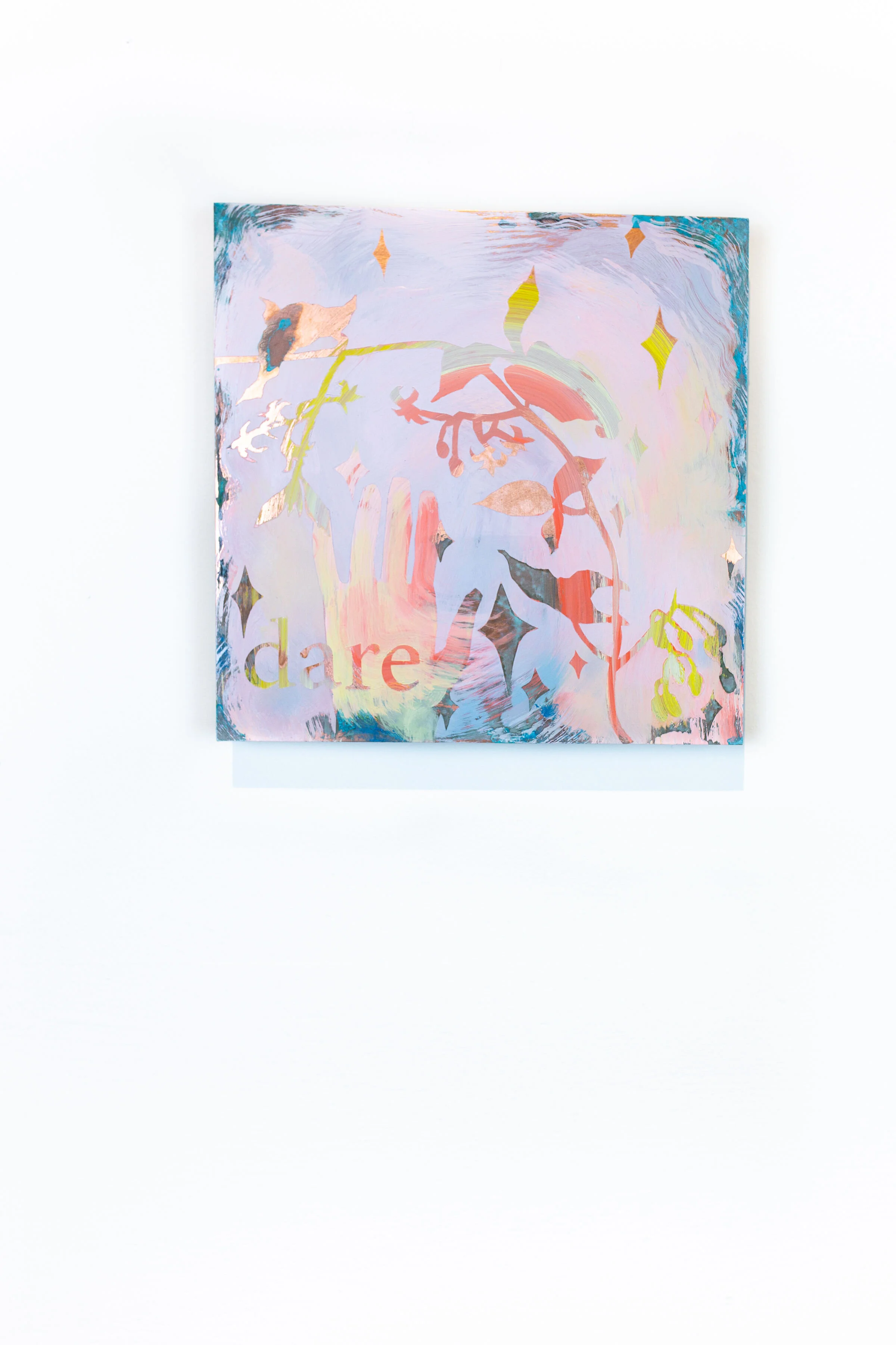   We Dare,  Oil, pigment, and CuSO₄ₓ on copper, 12x12 inches, 2020 
