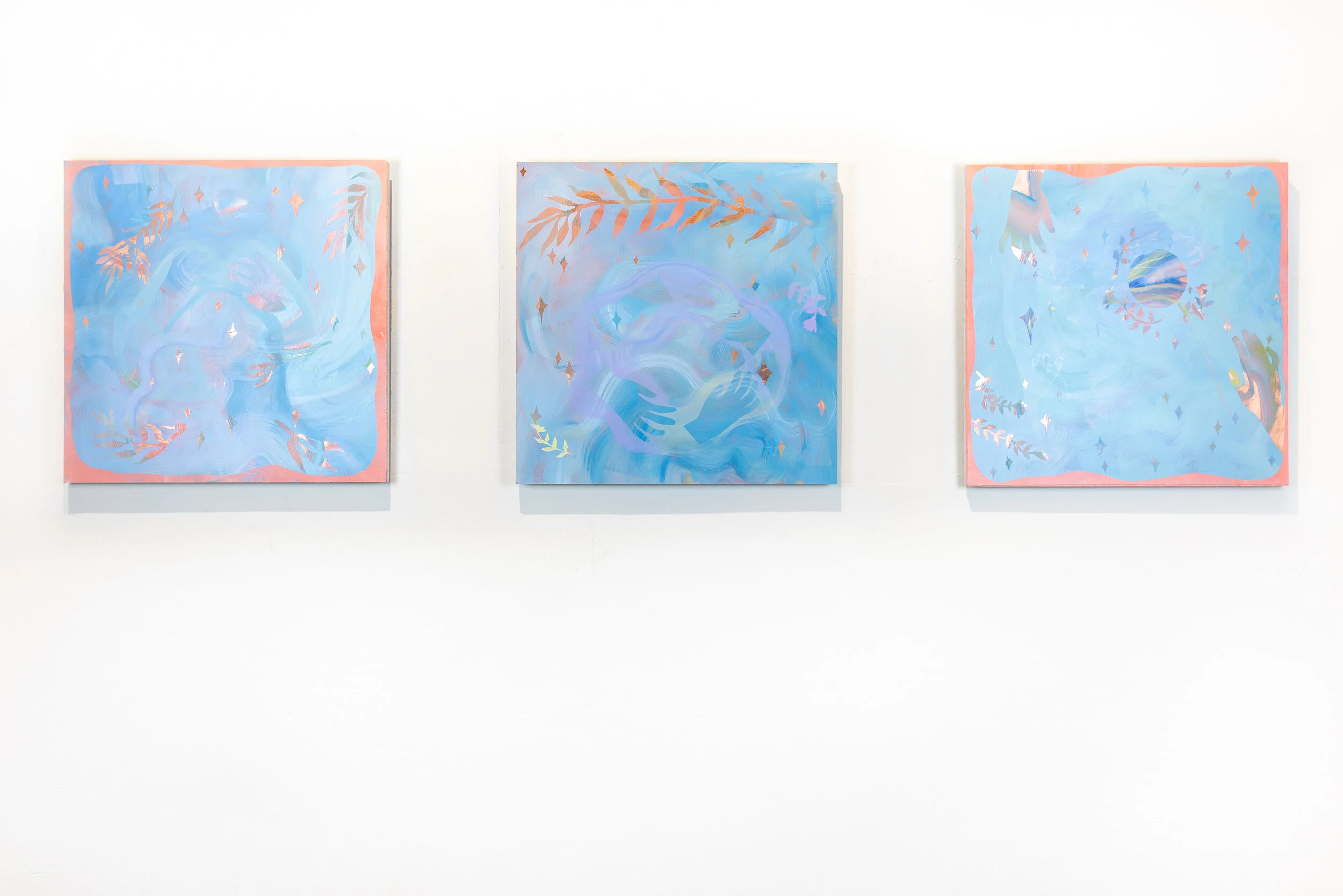  (left to right)   Agencies of Care,  Oil on copper, 24x24 inches, 2021   Reciprocity,  Oil and CuSO₄ₓ on copper, 24x24 inches, 2021   The Centre is Relative,  Oil on copper, 24x24 inches, 2021   