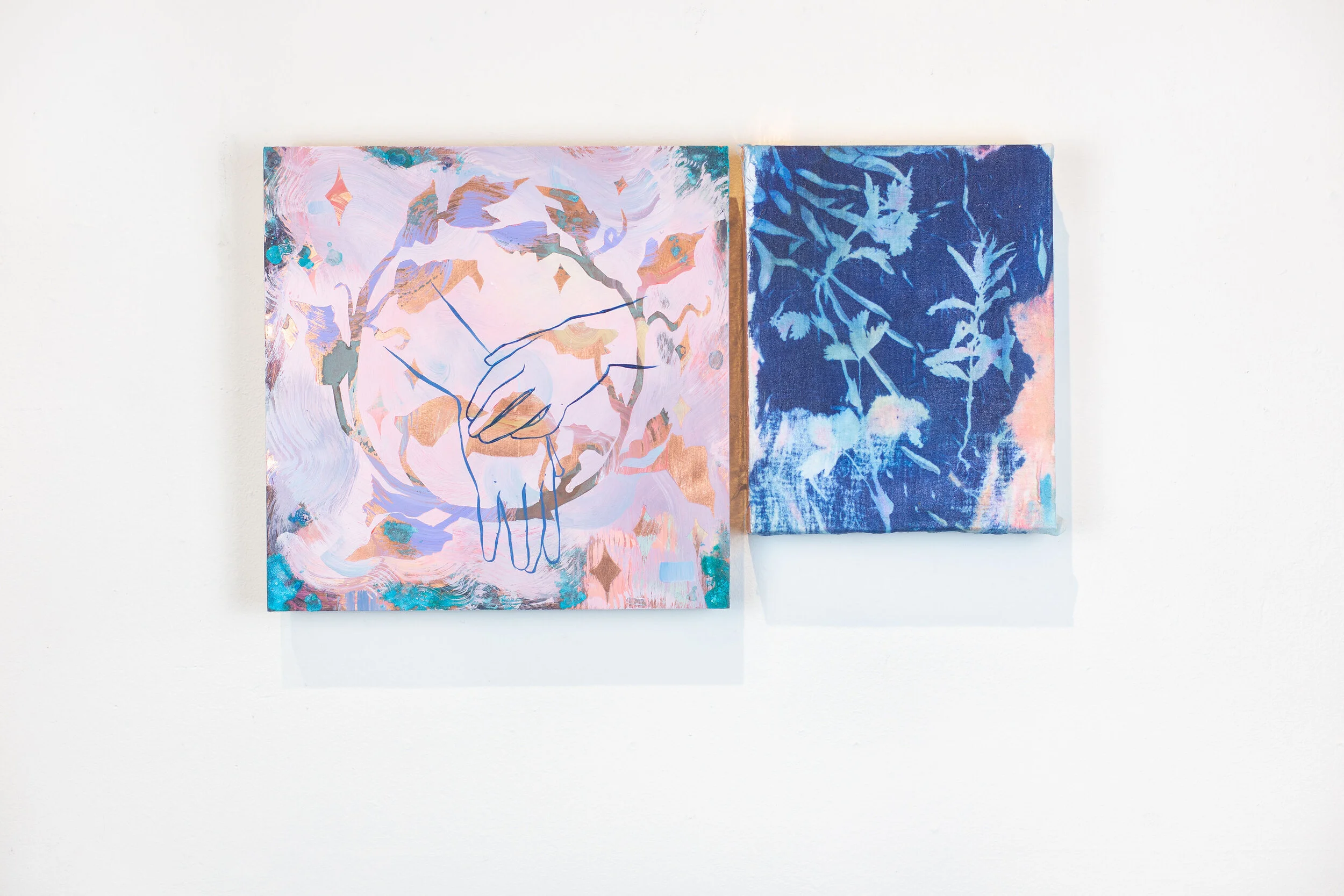   Mining the Archive (for patterns of care),  Oil and CuSO₄ₓ on copper, 12x12", 2021   Growth in Tandem,  Cyanotype and acrylic on cotton, 8x10", 2020 