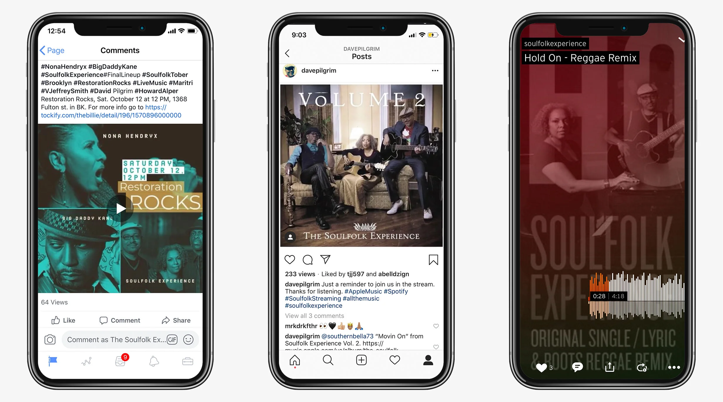 Facebook, Instagram, Soundcloud posts