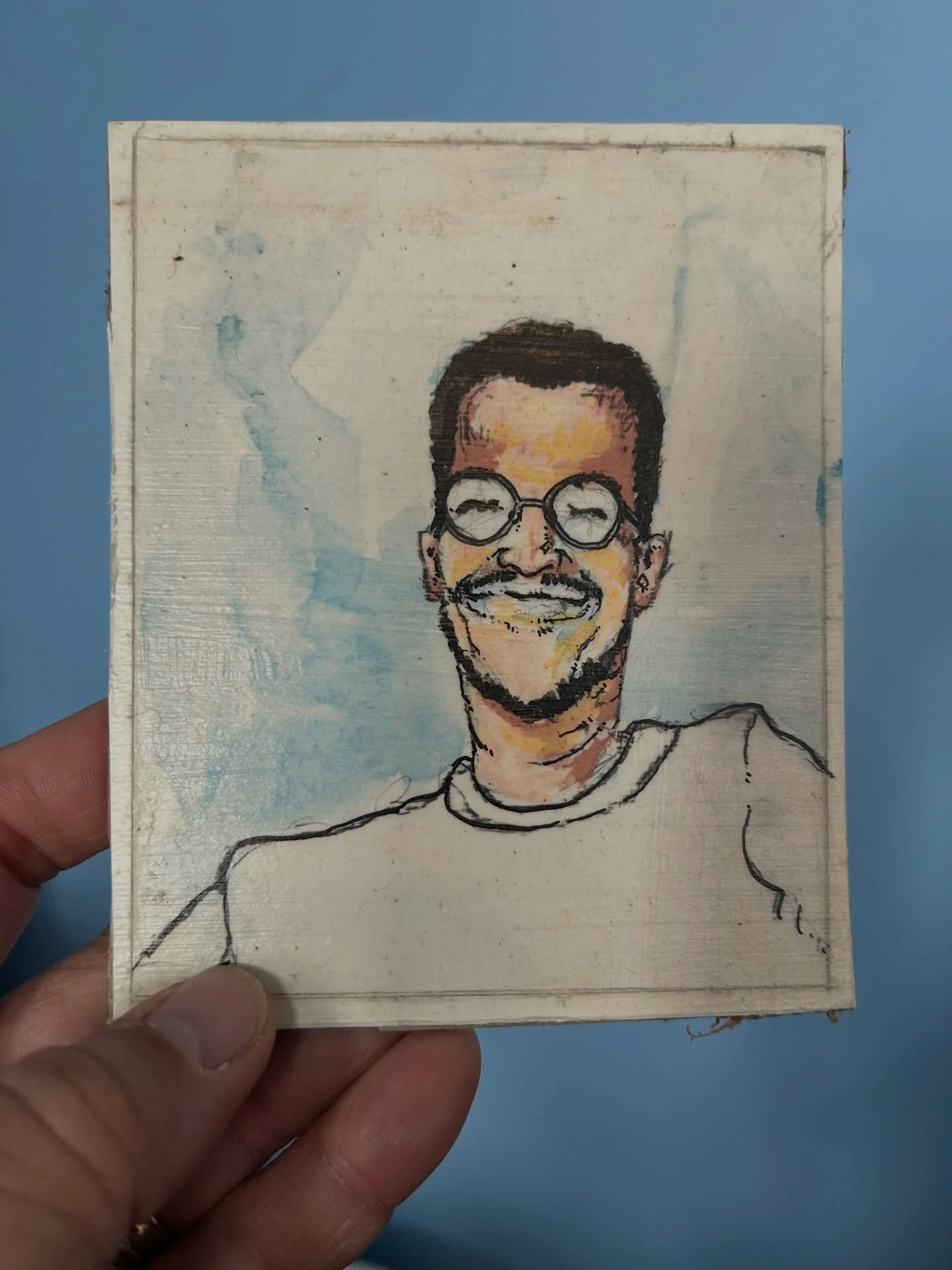 I recently had the good pleasure of hanging with my old college roommate, illustrator, and general creative guy Pedro Gomez, at a recent exhibit of his work. This is a portrait he did of me during our time as roommates, that he unearthed and gave to 