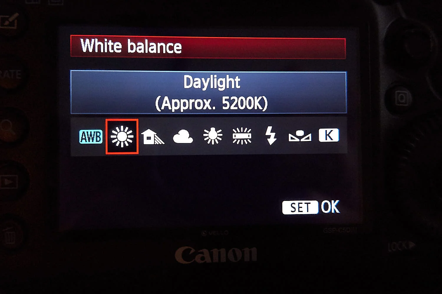 Suggested white balance setting when outside shooting in daylight. But I shoot the one next to it AWB (Auto White Balance) instead.