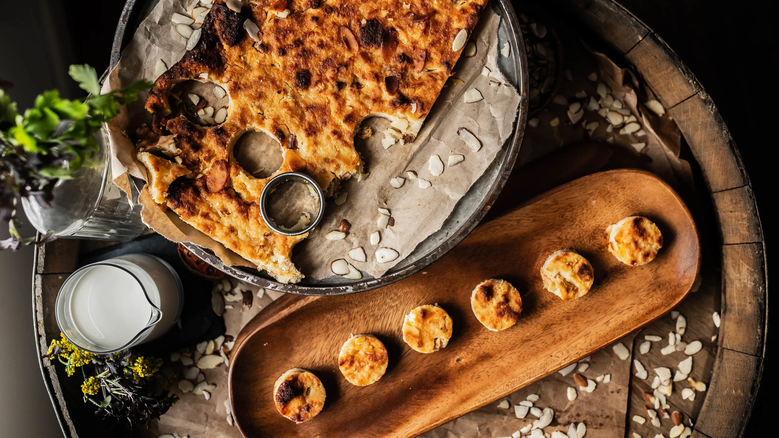 Almond-peach brioche bread pudding bites