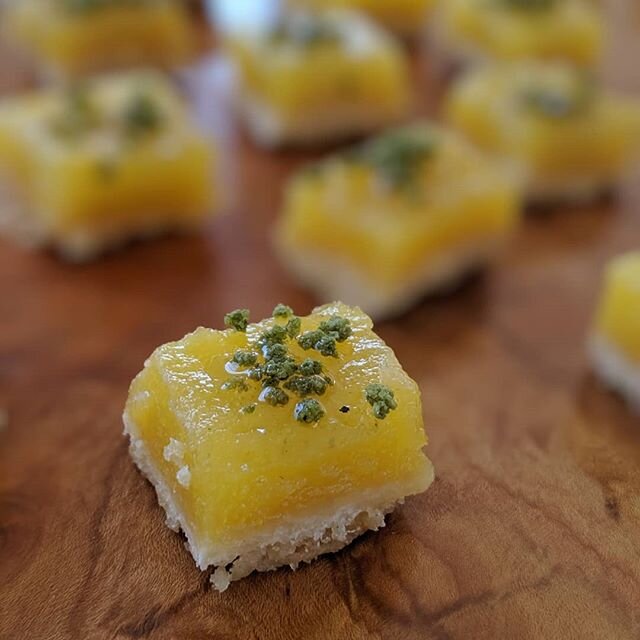 Not letting COVID-19 get us down! 💪 If you need some #munchies inspo, here is a shot of our lemon bars looking quite scrumptious! They come topped with a pinch of basil sugar and a drizzle of *good* olive oil for one of our most popular dessert bite