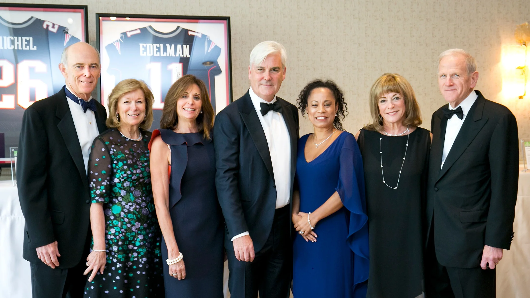 From left to right: 2019 Event Co-Chair Tom May and Donna May; Stephanie Long and 2019 Distinguished Honoree David Long; Bridge Over Troubled Waters Executive Director Elisabeth Jackson; Gloria Clough, Bridge Board Chair; and 2019 Event Co-Chair Chuck Clough.