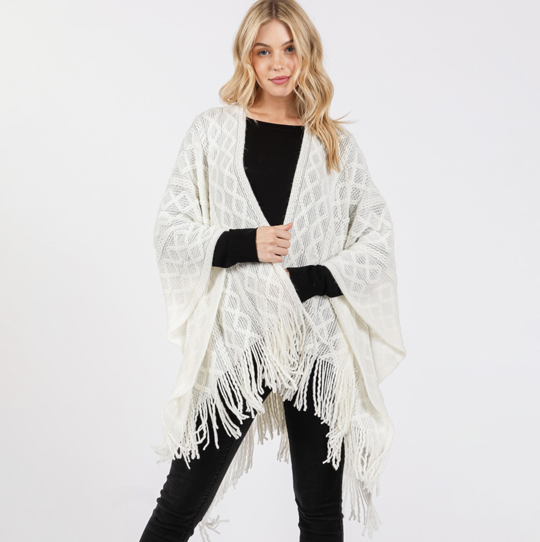 Diamond Pattern Tassel Knit Ruana Poncho - Ivory