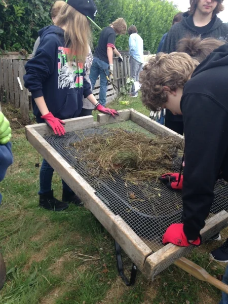 Working together to sift compost before adding it to the beds. Only the best makes it into the garden!