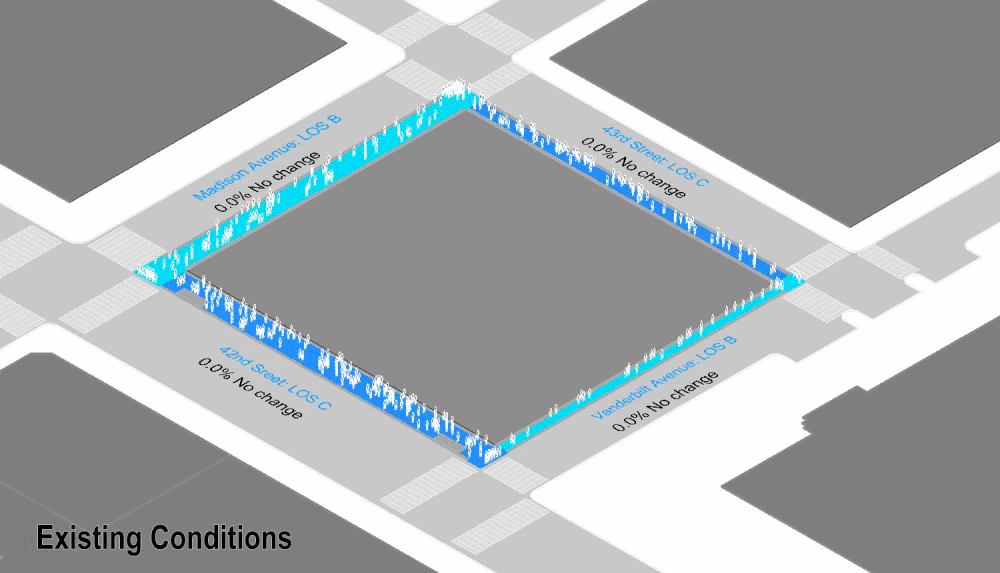 Pedestrian flow animation illustrating existing conditions, impact of East Side Access and relief provided by One Vanderbilt