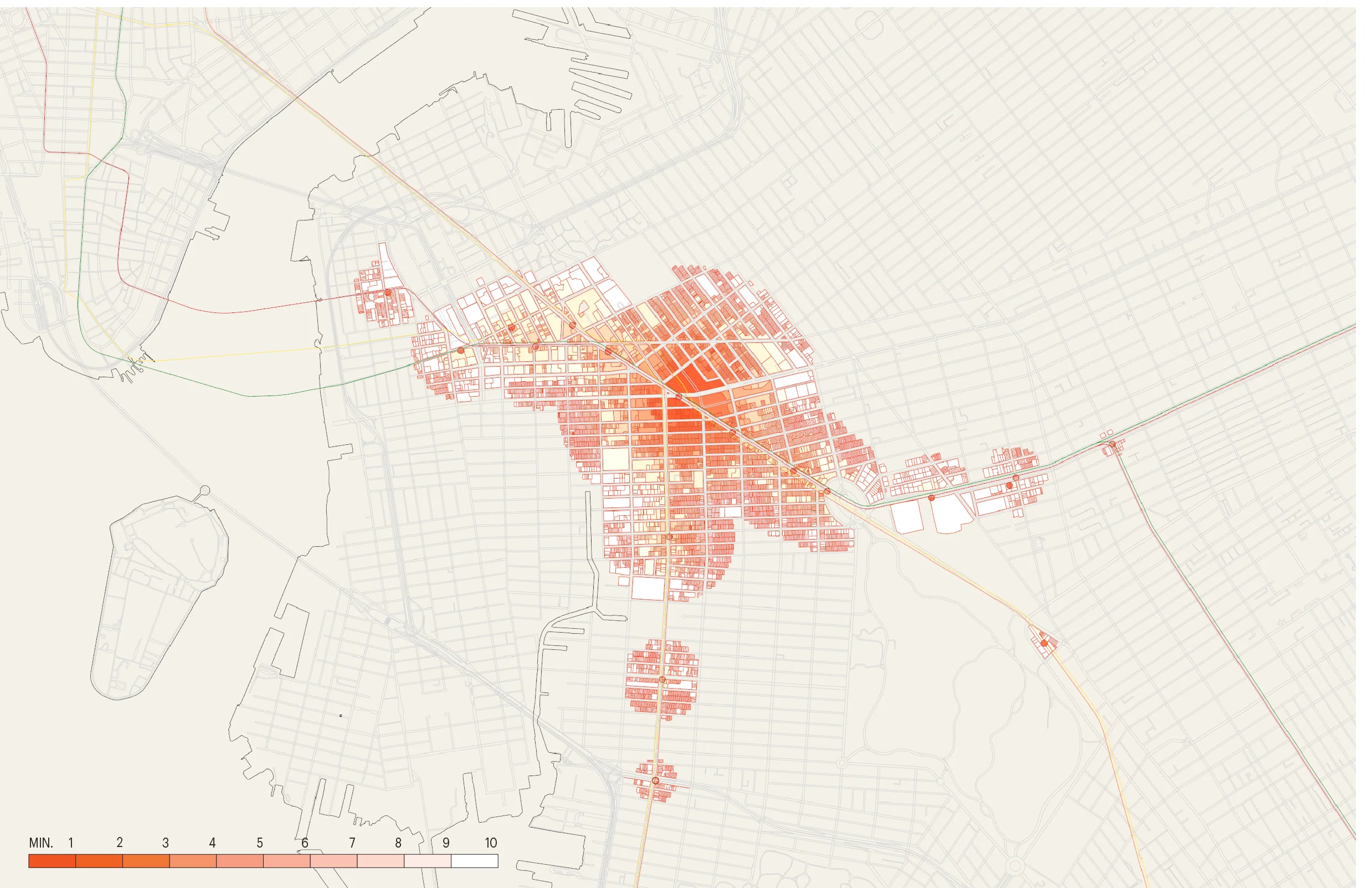 Fig 5 - Atlantic Avenue/Barclays Center, Brooklyn: Maximum travel distance: 9,309 feet Buildings accessible: 7,660 Accessible GFA: 90,571,831 SF Daily ridership: 42,711