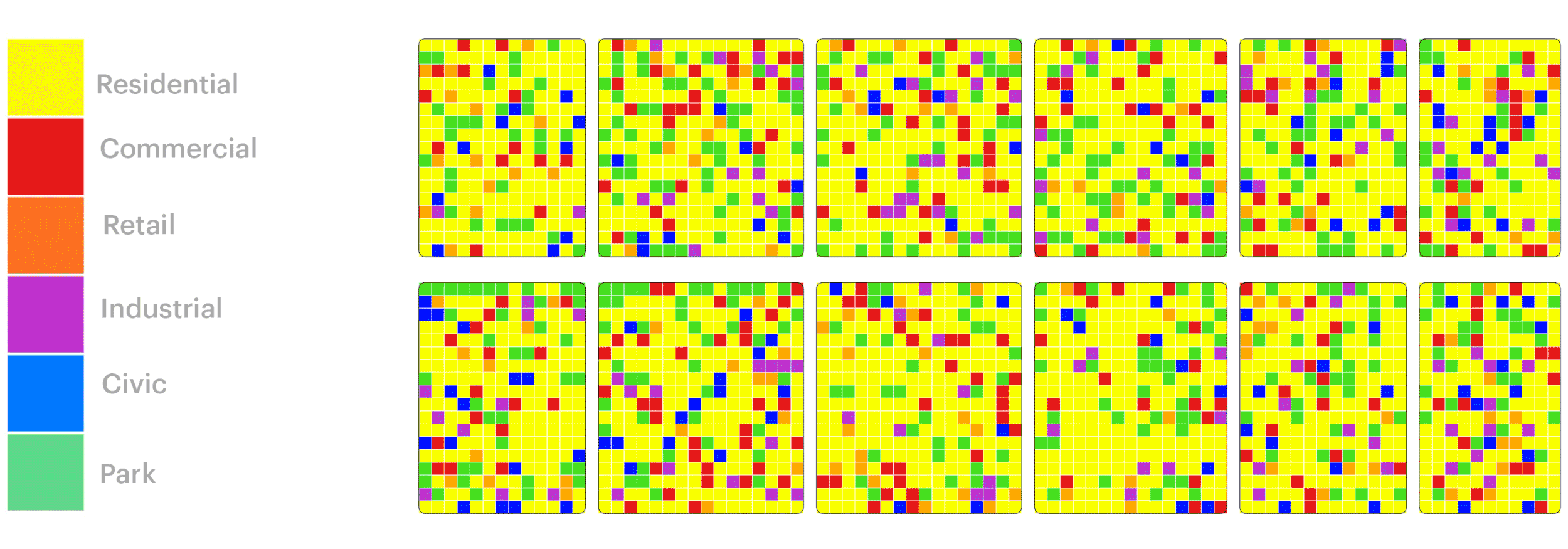 Pixel Map with variations in green space organizational strategies