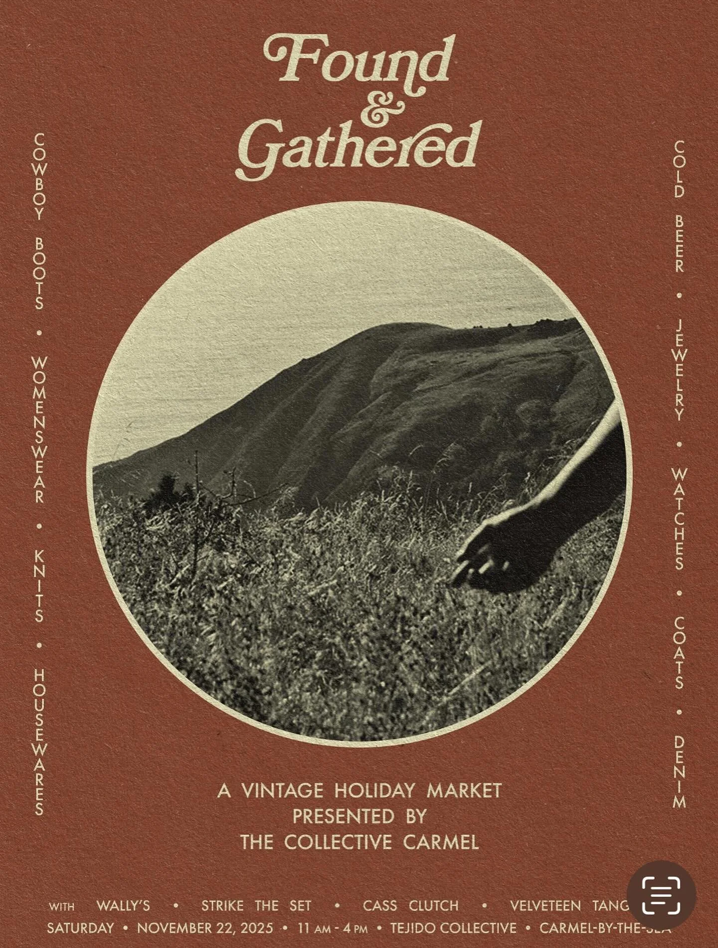 Save the date 11/22 for - Found and Gathered a vintage holiday market hosted by @shoptejido in #carmelbythesea featuring vintage cowboy boots, barn jackets, watches, home accessories and more.