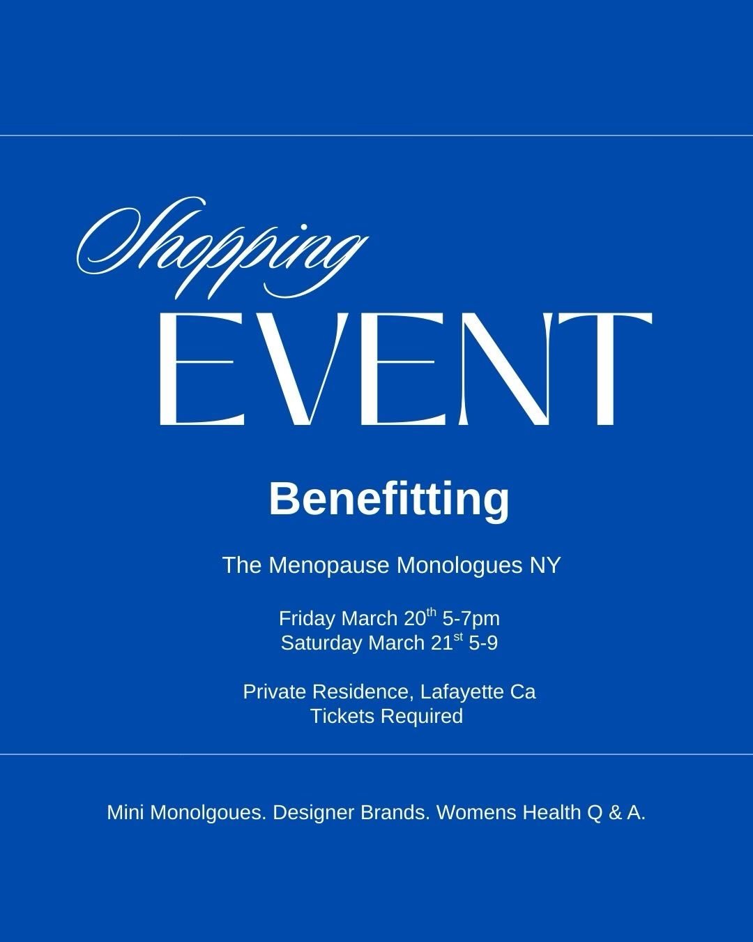 Join me for a Private Shopping Event benefiting the Menopause Monologues NY Production.

Featuring The Cass Clutch and stylist Molly Seitel of Simply SomeWear with a curated collection of new and vintage apparel.

Friday, March 20 | 5&ndash;7 PM
Satu