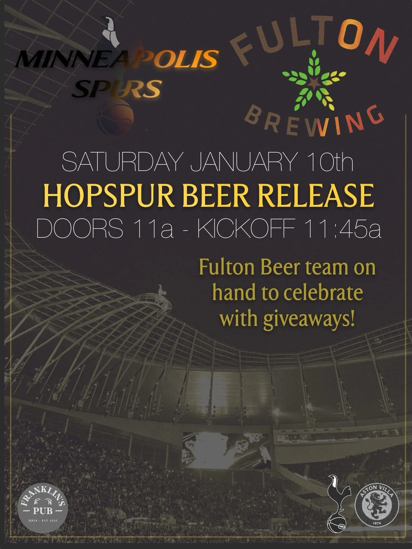 Spurs host Aston Villa this Saturday in an FA Cup clash, and at Franklin&rsquo;s we&rsquo;ll also be celebrating the official launch of HopSpur &mdash; our official Minneapolis Spurs beer, brewed in partnership with @fultonbeer.

HopSpur is an easy-d