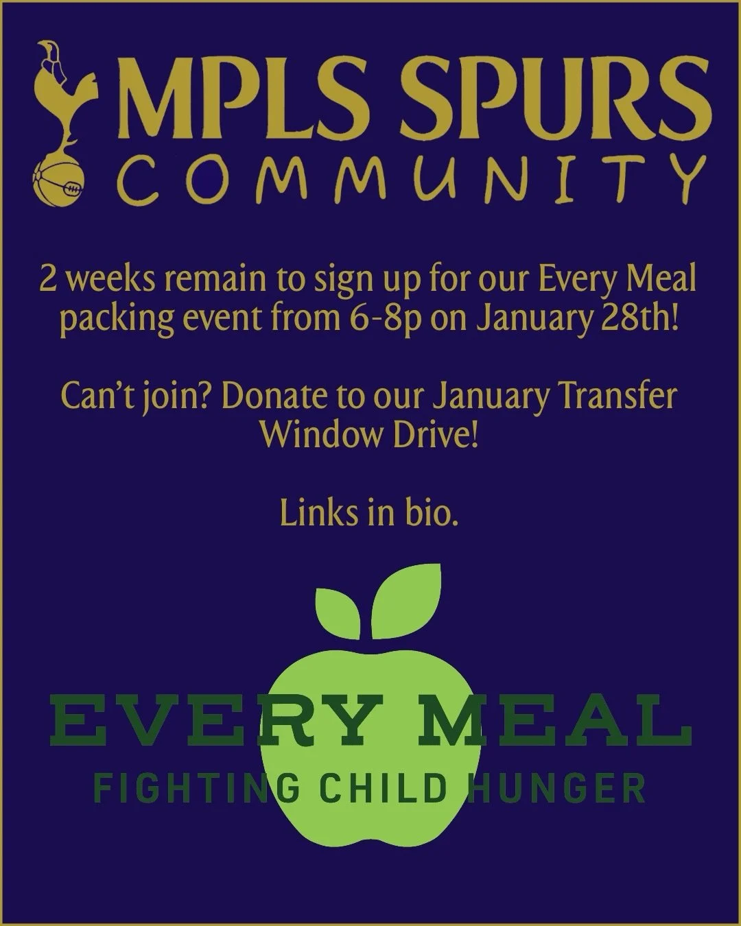 Spots remain for our meal packing event on Wednesday, January 28th from 6-8p. Remember, we&rsquo;ve also got our last Champions League group stage match vs. Eintracht Frankfurt @ 2p so take a couple hours off, come spend some time at Franklin&rsquo;s