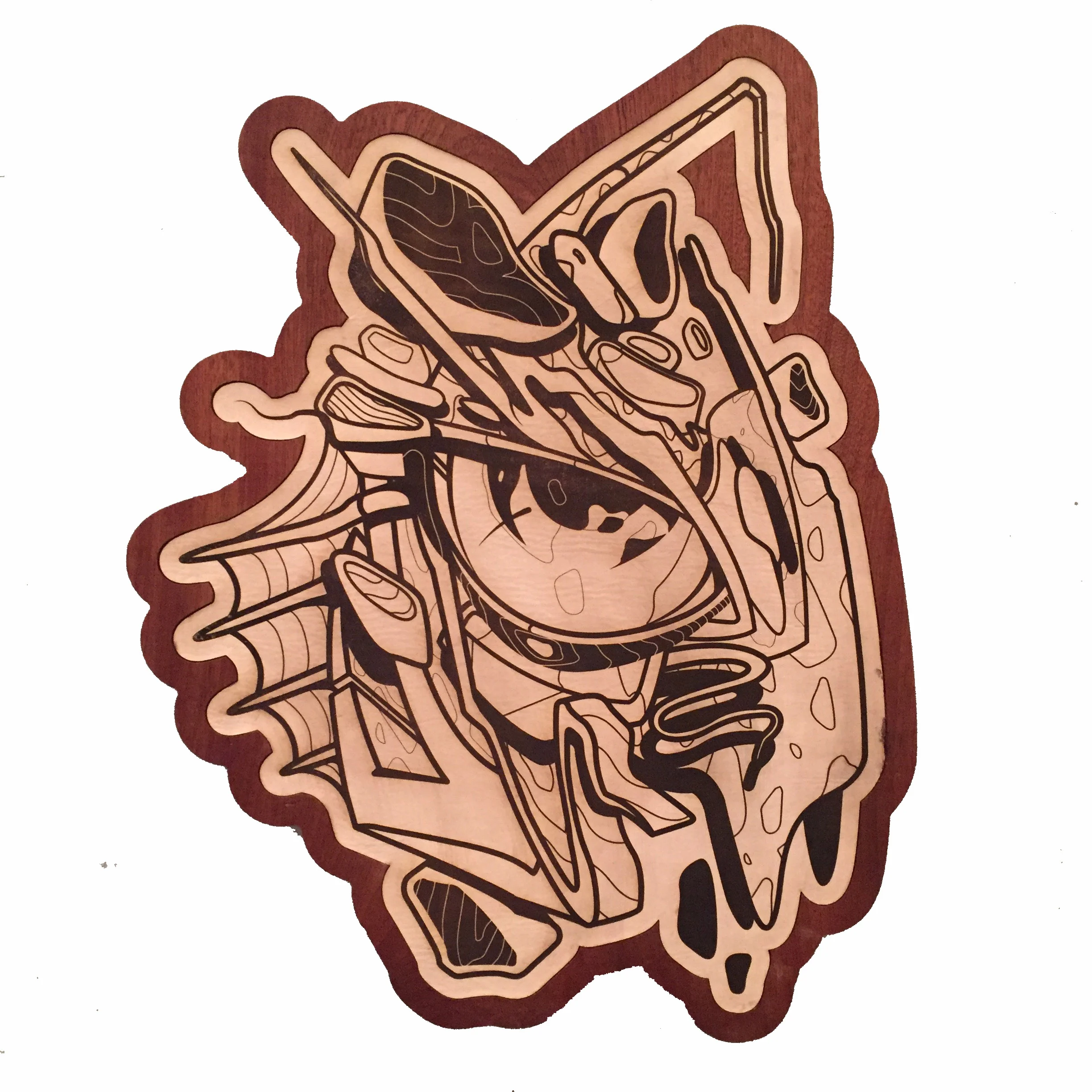 Laser engraved leather in layed on hard wood