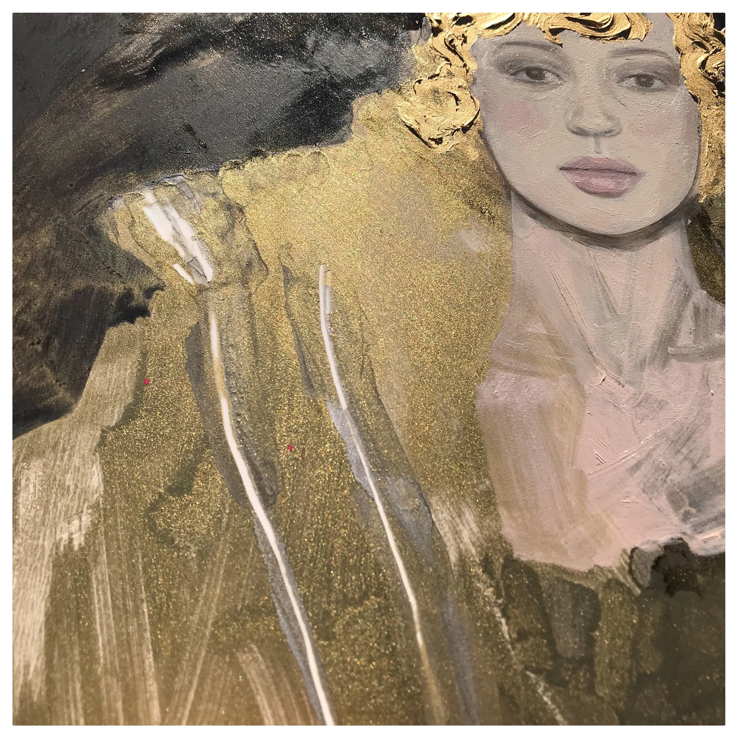 “Glam Goldilocks” alcohol ink and oil paint on Yupo paper