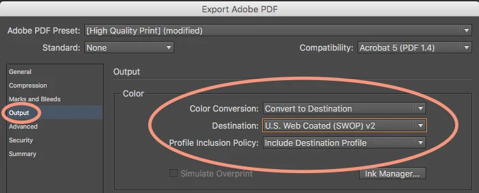 Export a PDF to CMYK color profiles.